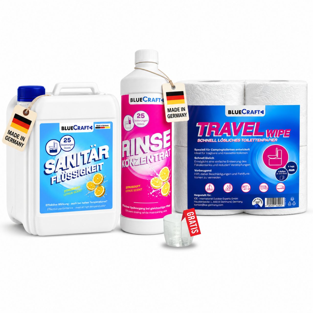 BlueCraft Sanitärflüssigkeit 2,5 L SETS für Campingtoilette Sanitärzusatz Campingtoilettenreiniger (1x 2,5 L Sanitärflüssigkeit + 1x 1L Rinse + 4 Rollen Toilettenpapier, Sanitärkonzentrat für Abwassertank bei Wohnmobilen, Wohnwagen, Camper)