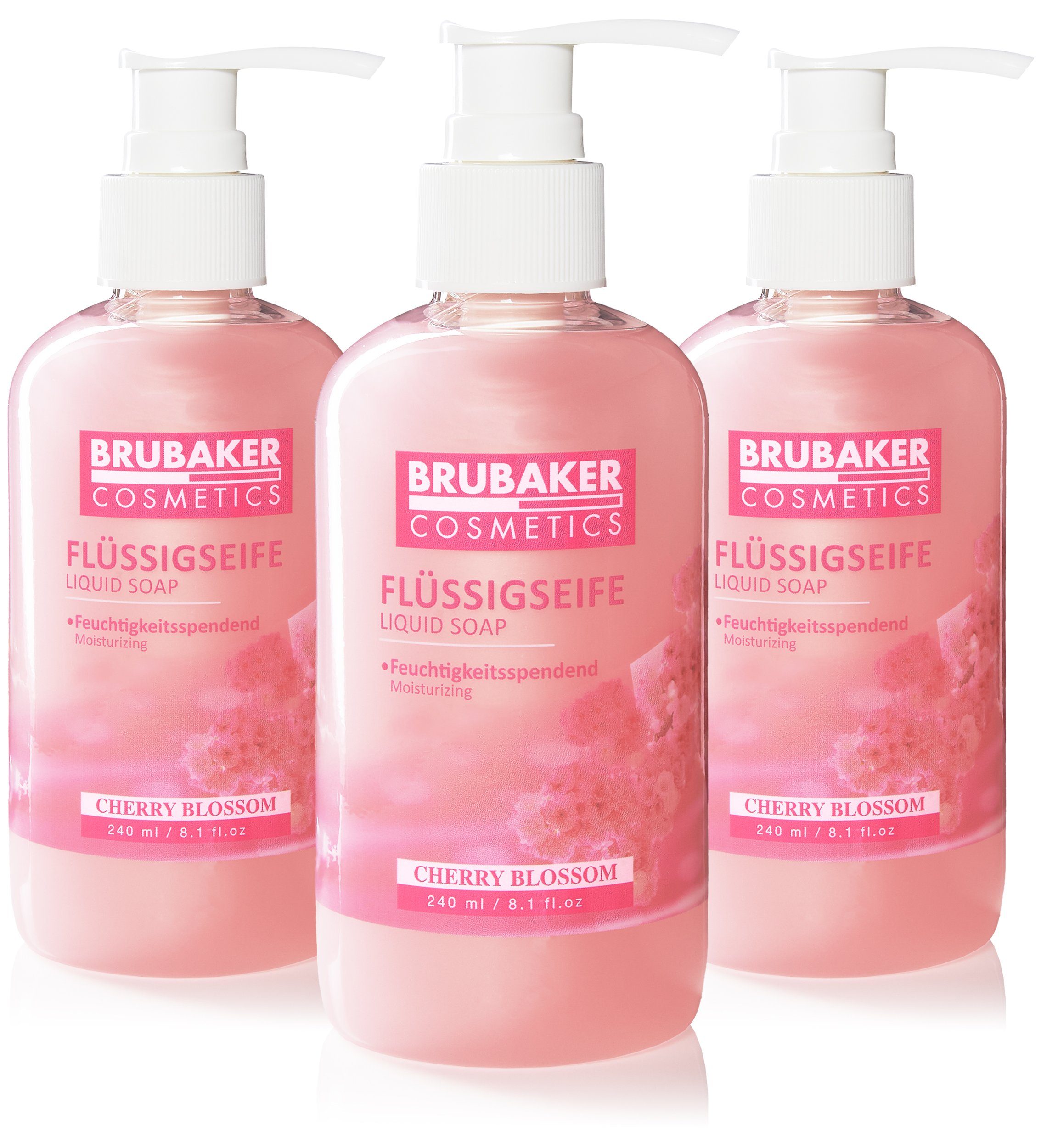 BRUBAKER Handseife Flüssigseife mit Kirschblüten Duft, 3-tlg., feuchtigkeitsspendend, Seife flüssig im praktischen Spender