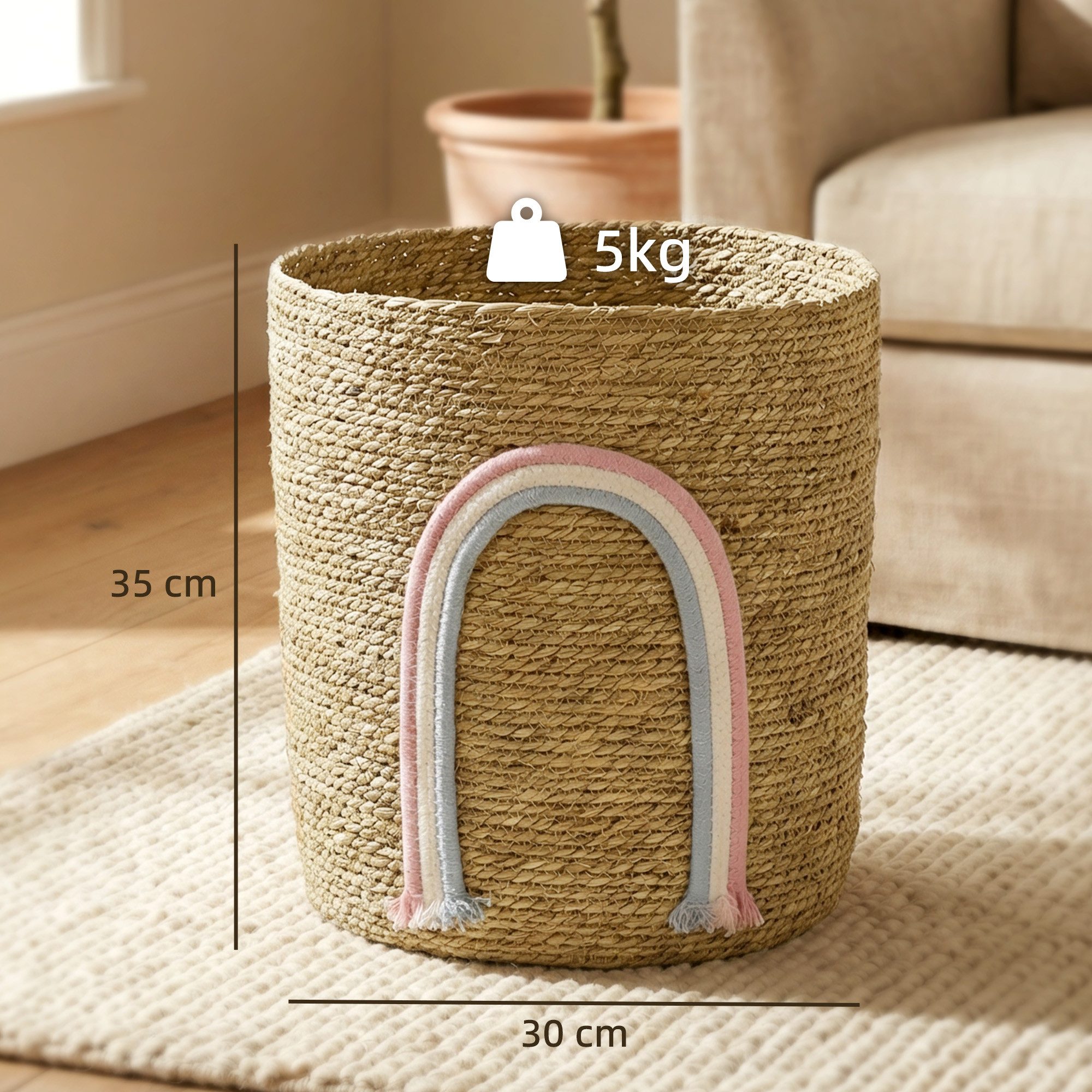 HOMCOM Aufbewahrungskorb Geflochten, Seegras Korb, für Wohnzimmer und Schlafzimmer, Natur (Wäschekorb, 1 St., für Organisieren von Spielzeug und Kleidung), Boho-Stil, Regenbogen-Dekor, handgefertigt