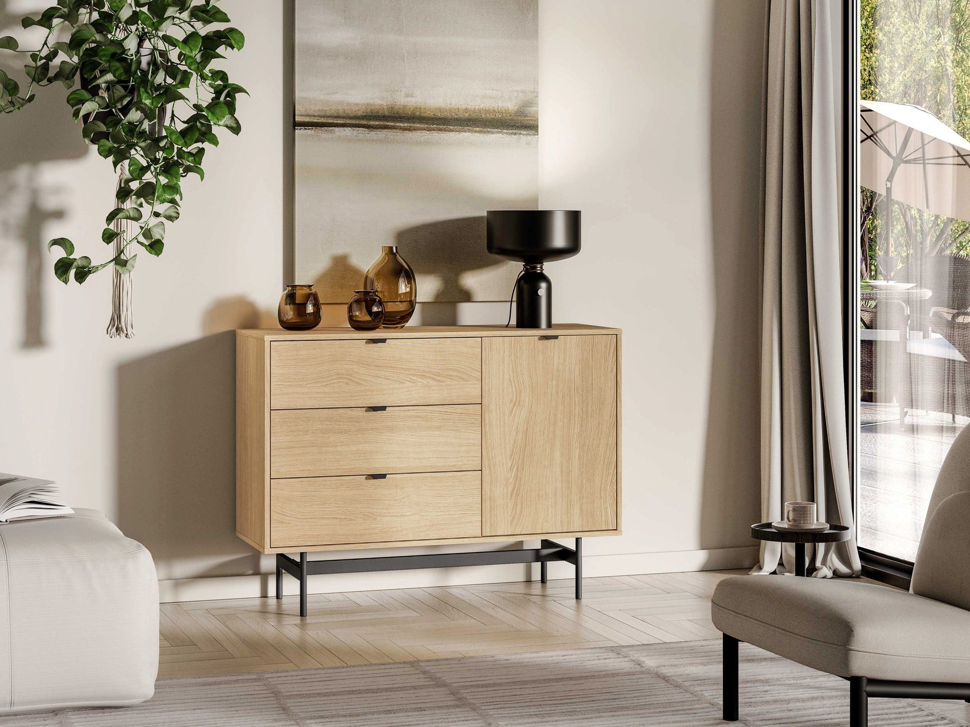 Selsey Sideboard HEGGERS, Sideboard in Mavelie-Eiche mit schwarzen Griffen, 2 Türen