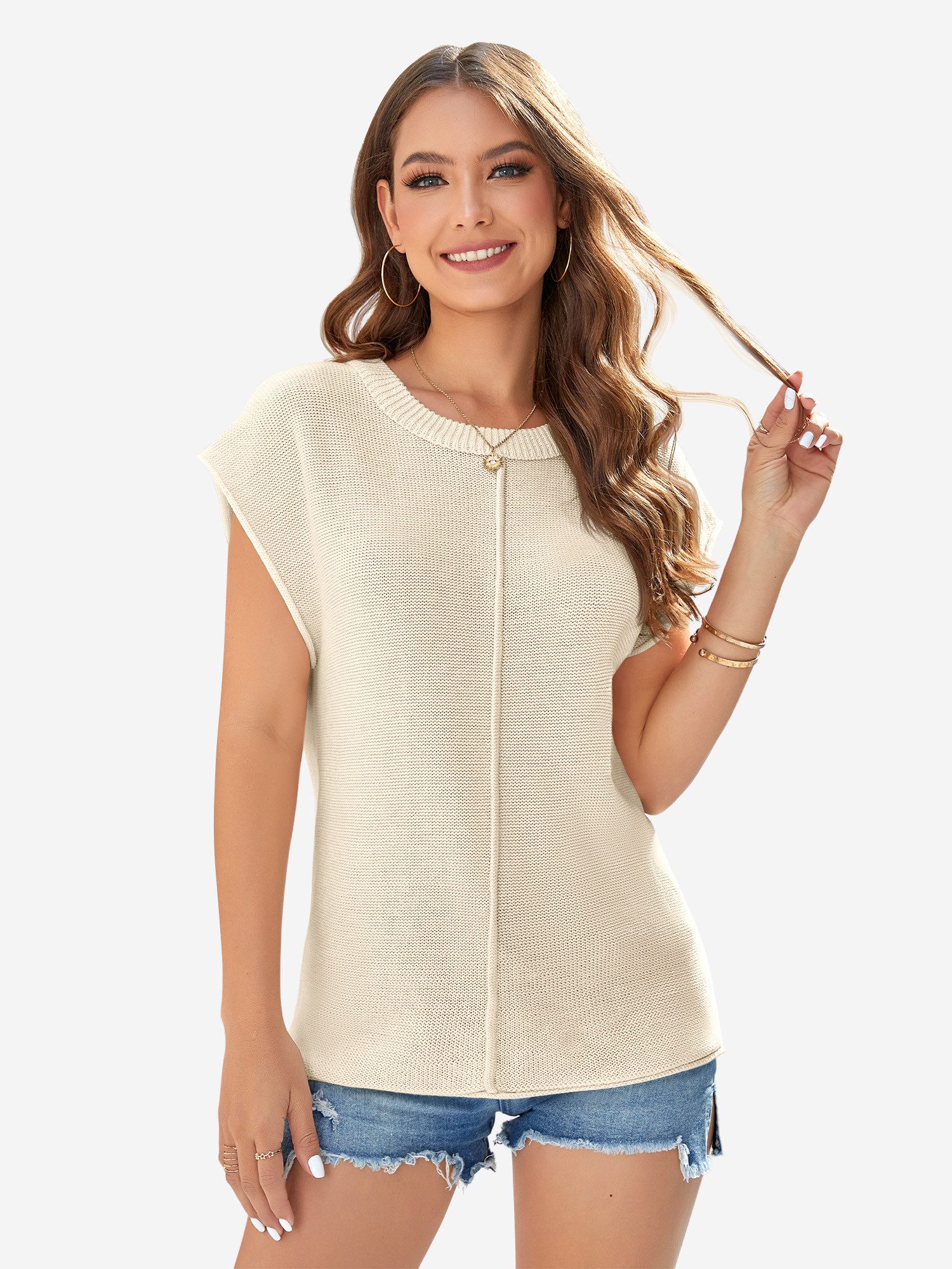 Imily Bela Stricktop Damen Cap Sleeve Kurzarm Rundhals Casual Loose Pullover (Packung, 1-tlg., 1per-Pack) gehäkelt in Unifarbe Teilungsnähte
