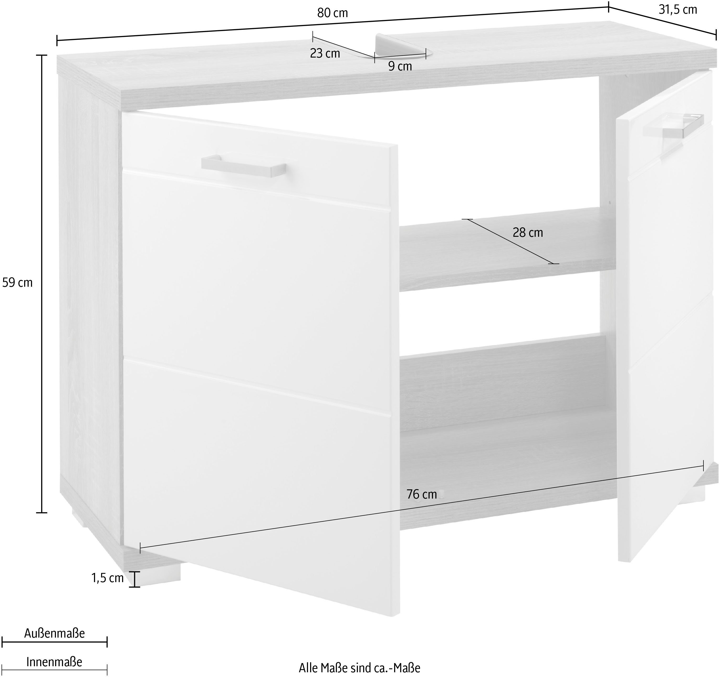 / Hochglanz-Optik weiß 80 MDF-Fronten | in matt cm, Badezimmerschrank, Nebraska Waschbeckenunterschrank Breite weiß weiß byLIVING Hochglanz