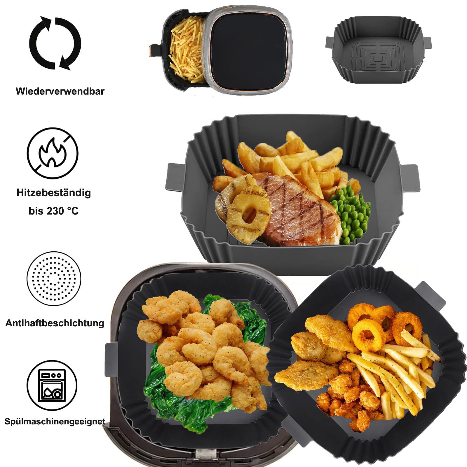 Diwzbyn Silikonform für Heißluftfritteuse – Wiederverwendbare Airfryer Einlage, (2-tlg), Antihaft & Hitzebeständig, Zubehör für runde und eckige Körbe
