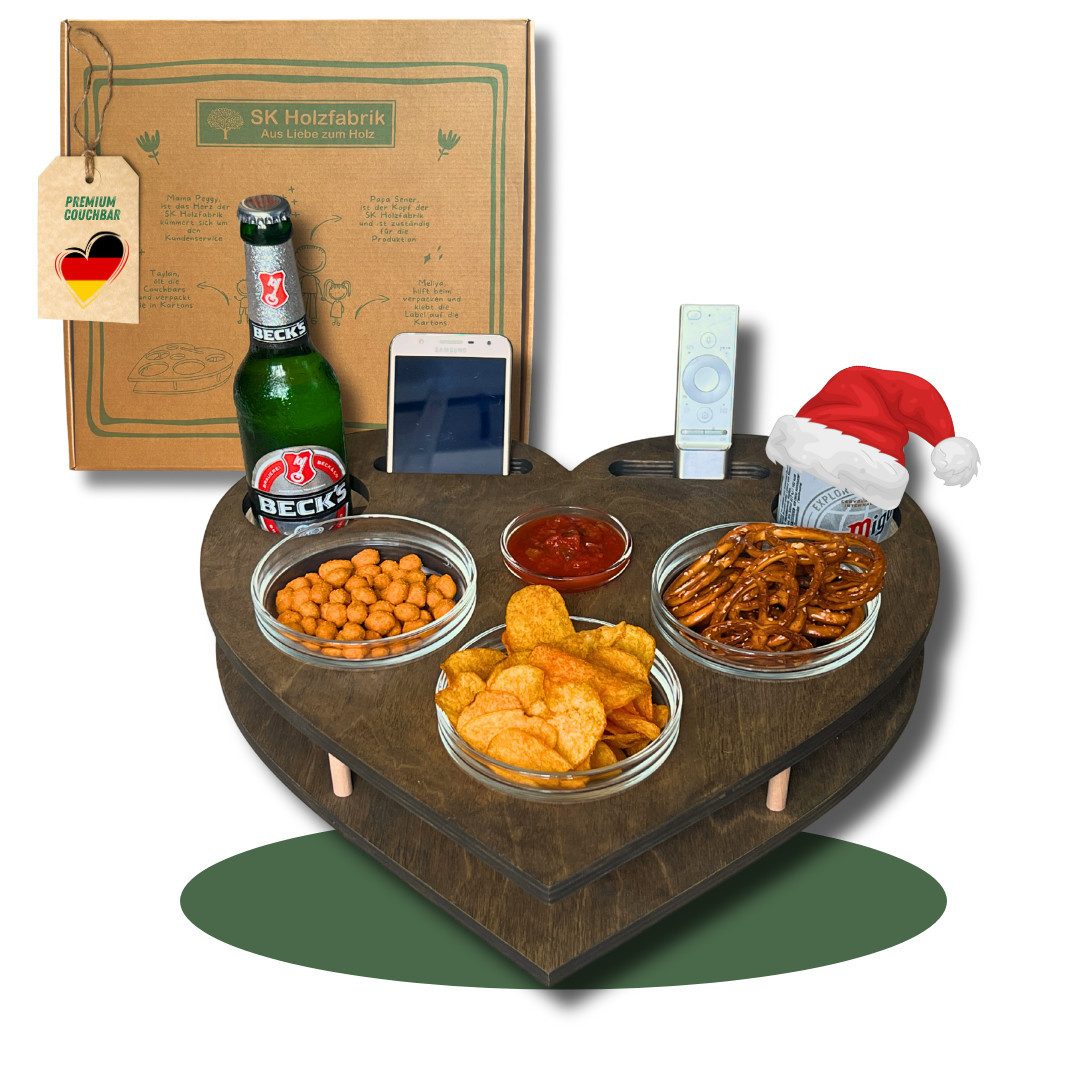 PEGSEN Servier-Set Couchbar mit Handyhalterung Snackbar Herz mit 4 Glasschalen Tablett, Stabil & Praktisch, lebensmittelechte Glasschalen, Handyhalterung