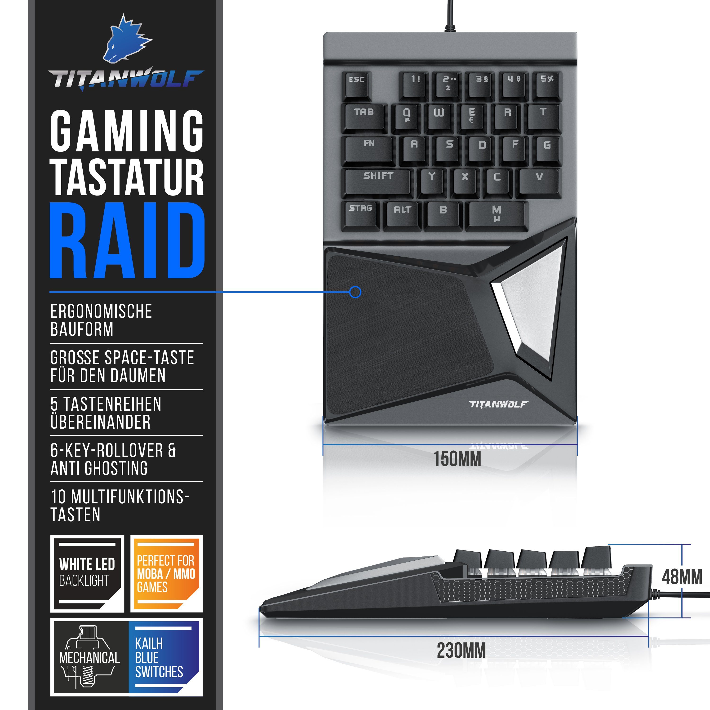 Titanwolf Gaming-Tastatur (mechanische Keypad Tastatur Tasten, Gaming mit 28 Einhandtastatur)