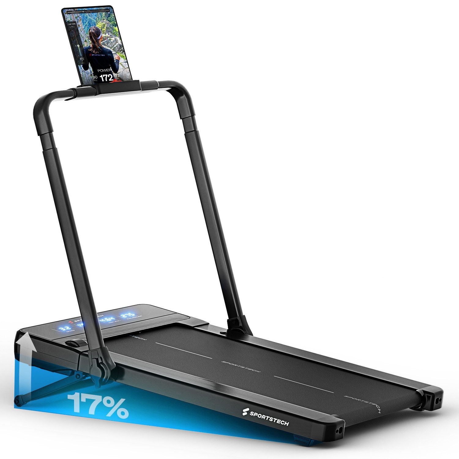 Sportstech Laufband sPad1000, Bis 12 km/h & 17 % Steigung, 8 Stufen, kompakt, Tablethalterung