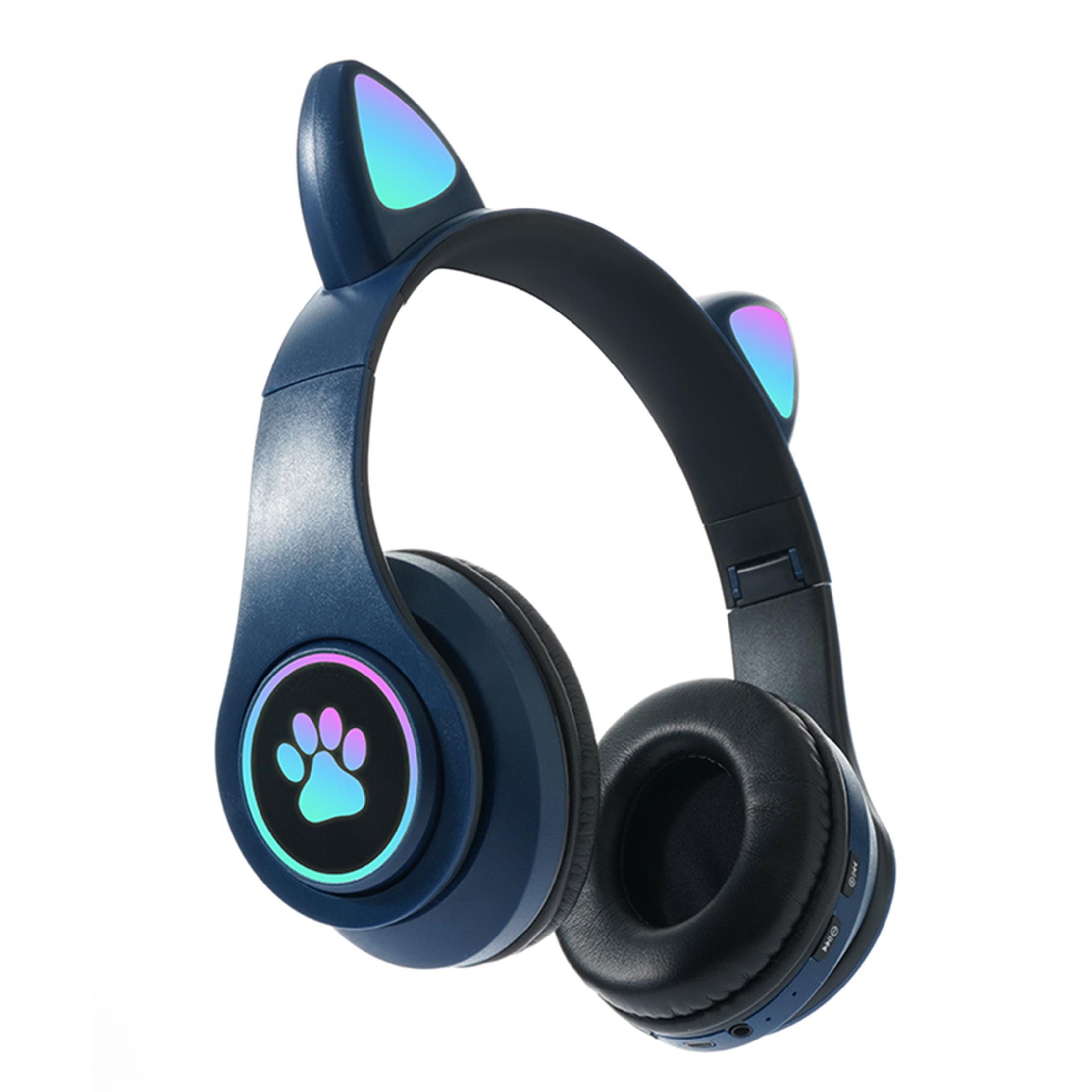 KINSI Bluetooth-Headset, Kopfhörer mit Katzenohren, RGB-LED-Leuchten Kinder-Kopfhörer (AVRCP-Bluetooth, HSP, A2DF Bluetooth, HSF 1.5, Katzenohr-Headset für Mädchen, kompatibel mit Tablet/Computer/Telefon)