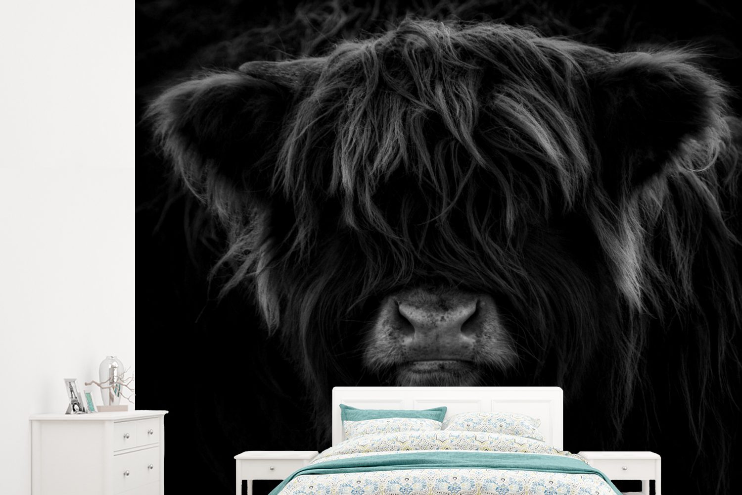 MuchoWow Fototapete Schottischer Highlander - Kuh - Porträt - Tiere - Schwarz - Weiß, Matt, bedruckt, (5 St), Montagefertig Vinyl Tapete für Wohnzimmer, Wandtapete