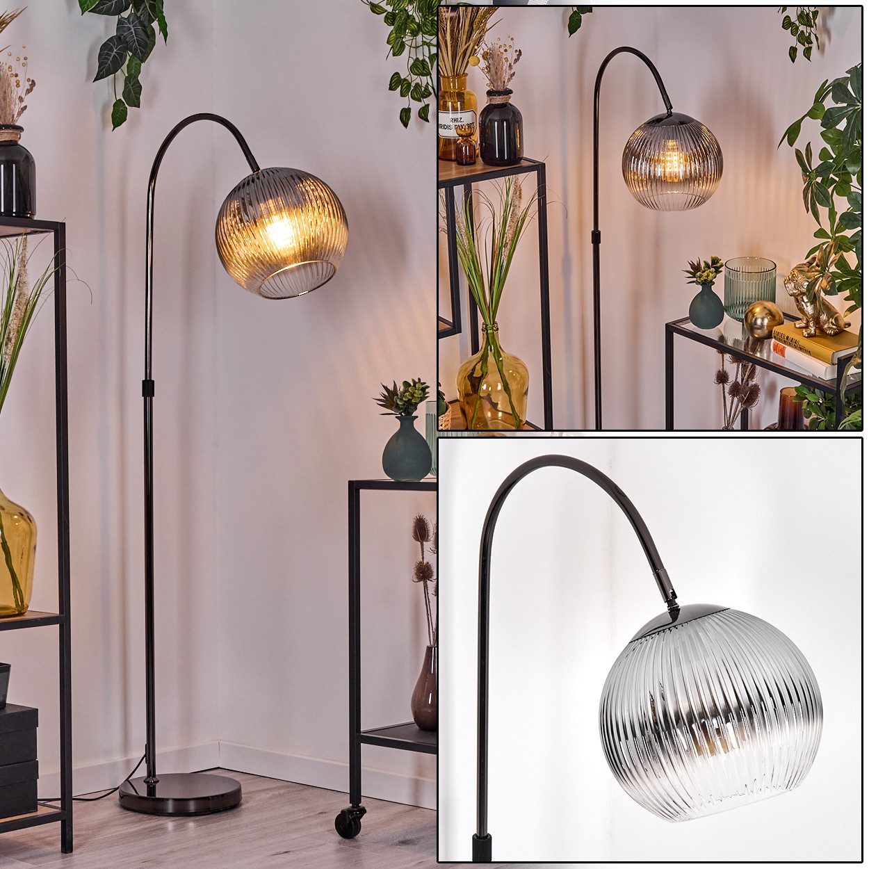 Stehlampe Stehlampe Metall/Riffelglas in Schwarz/Chrom/Rauch/Klar, Retro-Design