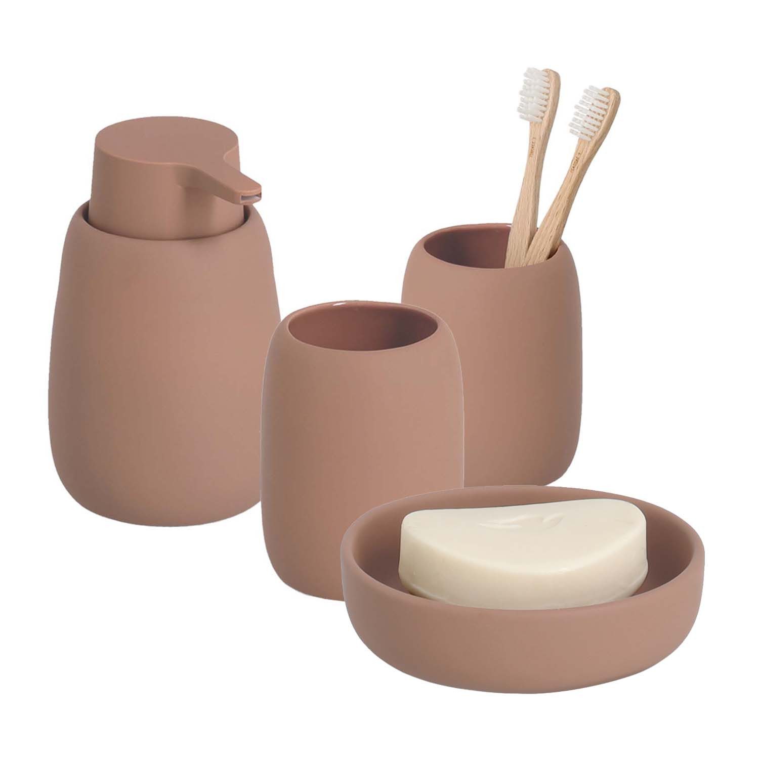 Zeller Present Badaccessoire-Set 4-teiliges Badaccessoire-Set - Keramik, Mocca, Set, 4 tlg., 4-tlg.