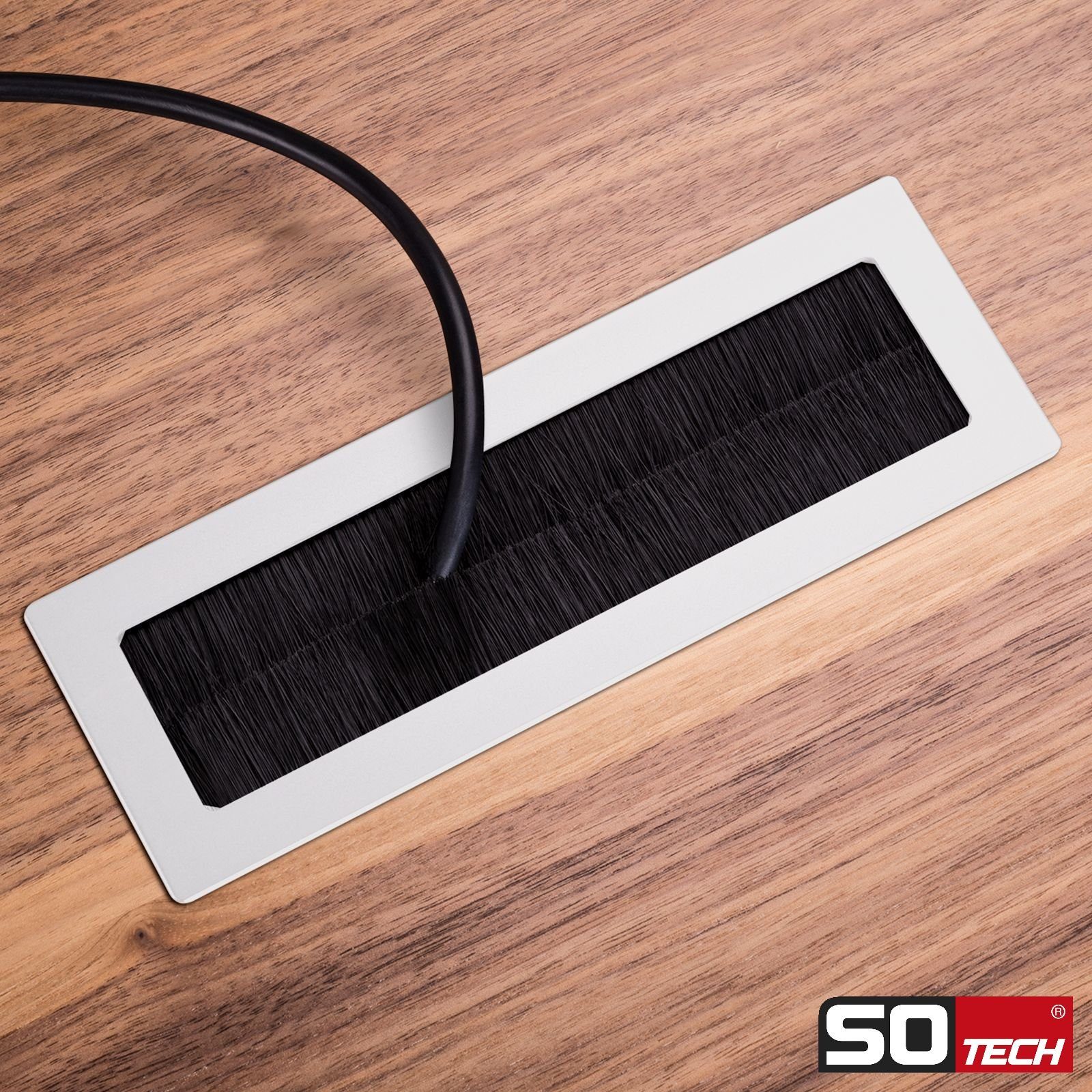 SO-TECH® Kabelkanal Kabeldurchlass Kabeldurchführung TONDO mit Bürstendichtung (1-St), weiß, Außenmaß: 150x70mm, Einbaumaß: 140x62mm