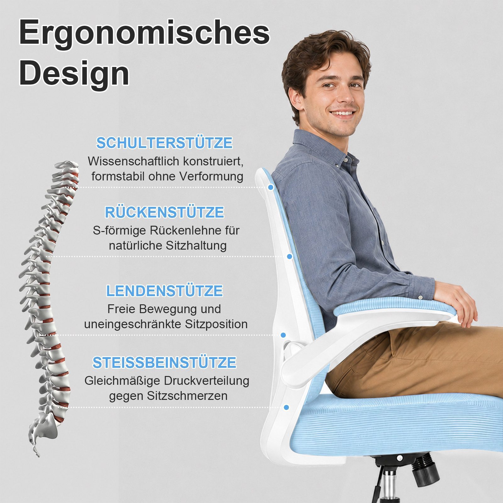 Durrafy Bürostuhl Ergonomischer Bürostuhl,Schreibtischstuhl mit klappbaren Armlehnen, Chefsessel mit 150 kg Tragfähigkeit – Bild 2 von 5