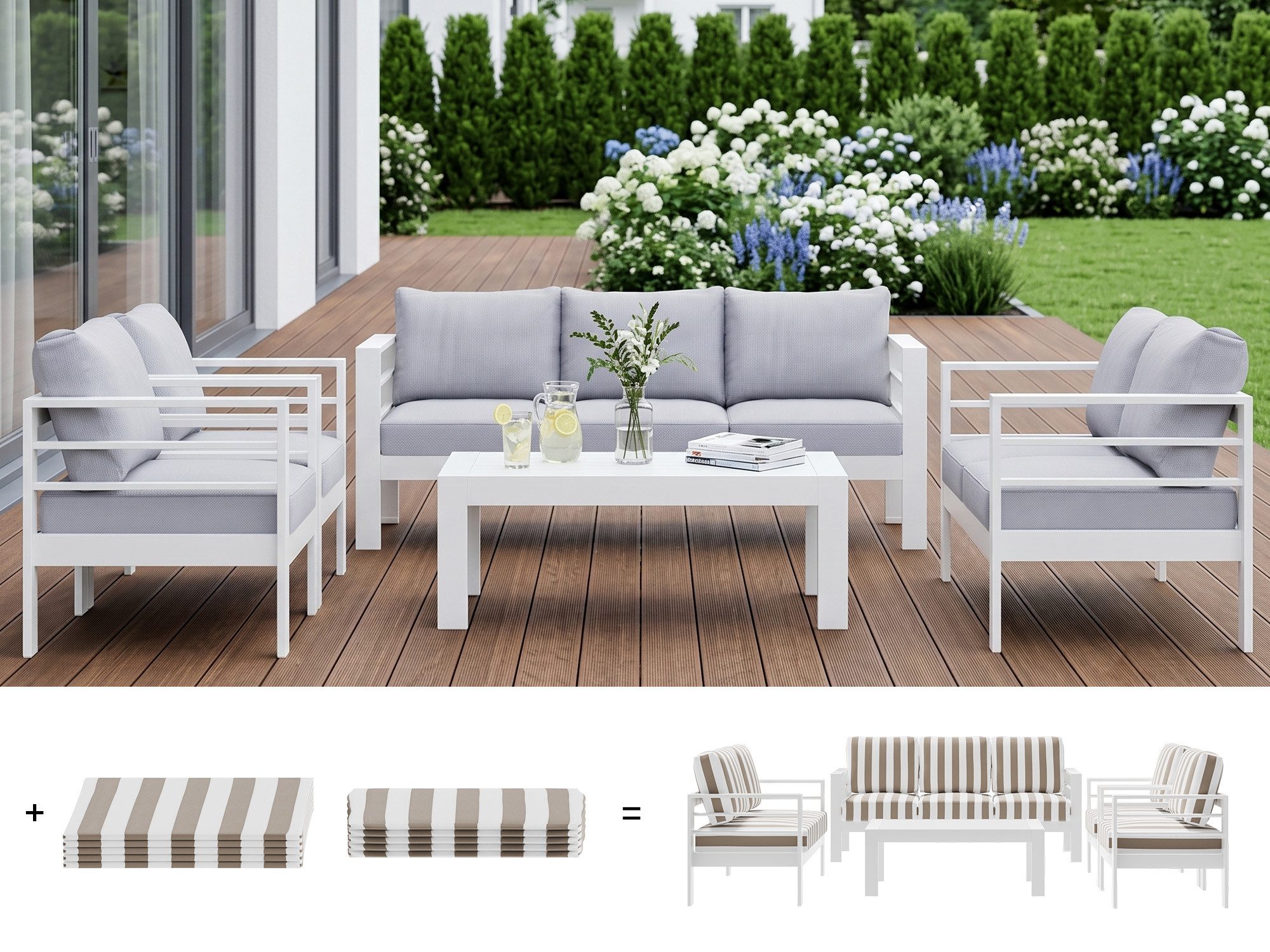 MeXo Gartenlounge-Set mit 2 Bezug-Sets Uni & Streifen, Aluminium Gartenmöbel Set wetterfest, (Gartensofa mit Tisch, pflegeleichte Polywood-Tischplatte, 5-tlg., mit 12 cm dicken Sitzkissen, 8 cm breite Armlehnen), Terrassenmöbel Set für 6-7 Personen, 140 kg/Sitz