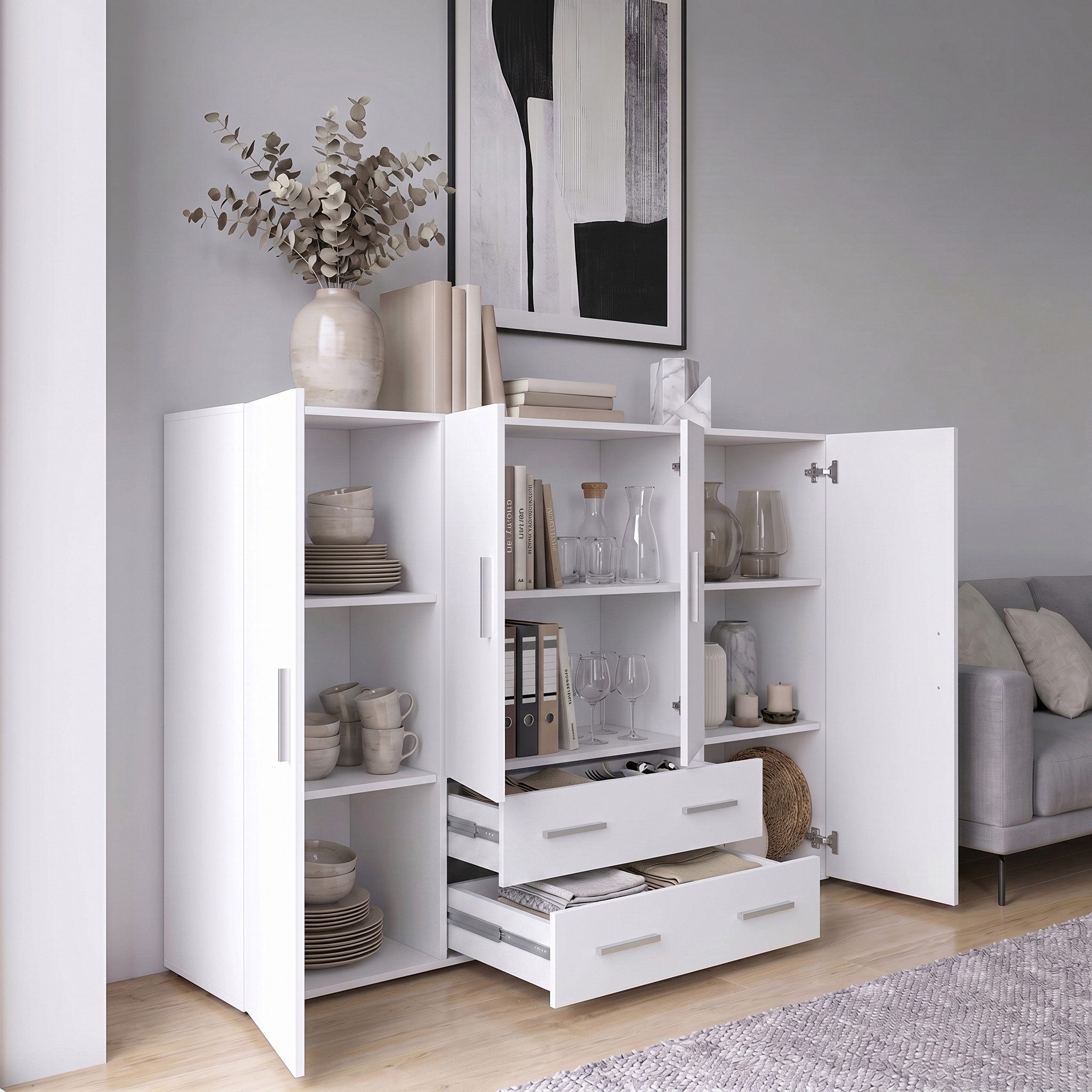 Vladon Highboard Nora (Anrichte mit 2 Schubladen, und 4 Türen mit insgesamt 8 Fächer dahinter), Weiß matt/Schwarz matt (166,5 x 106,5 x 35 cm)