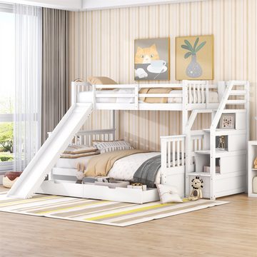autolock Hochbett Kinderbett,90 x 200 über 140 x 200 Etagenbett mit Schubladen Stauraum und Rutsche, multifunktional