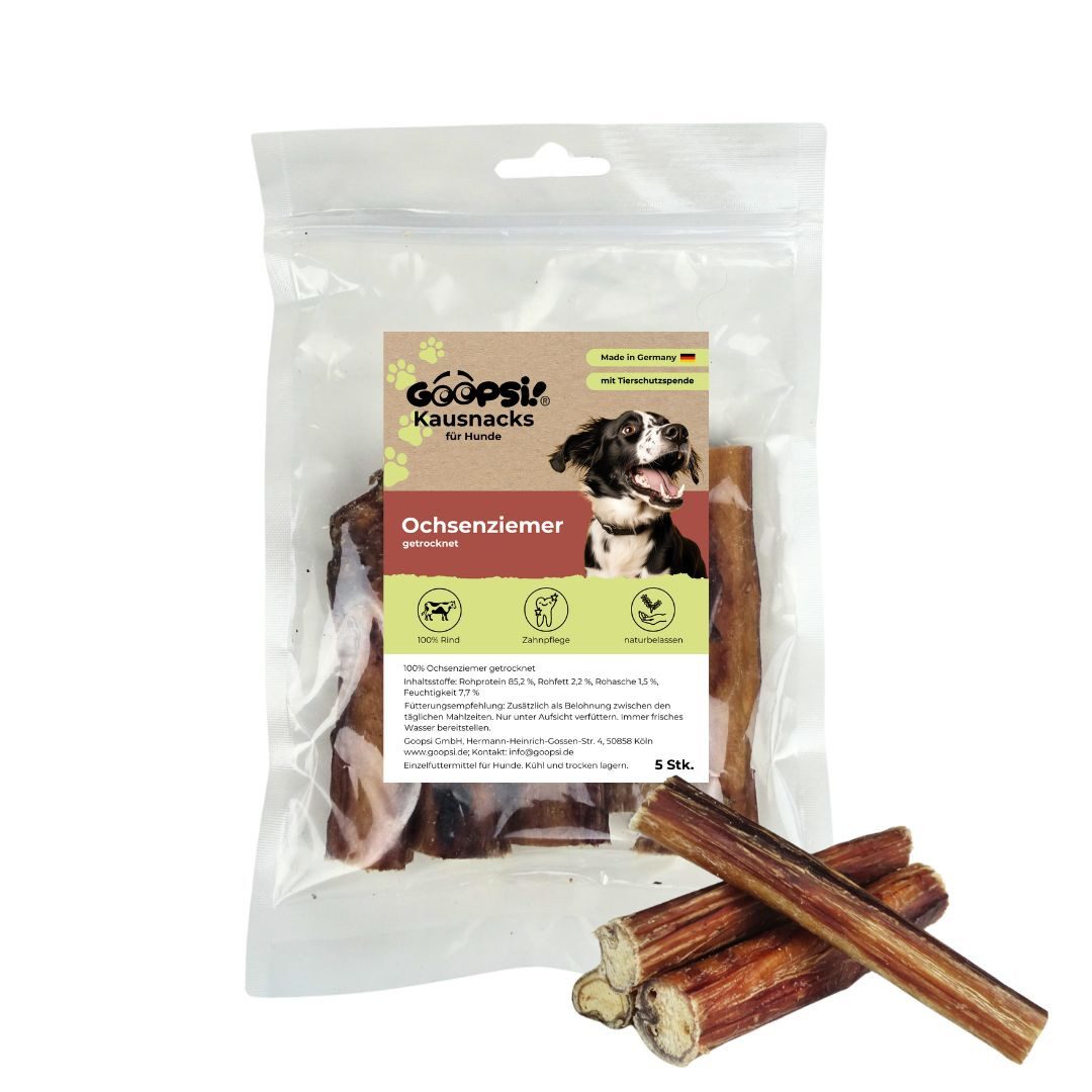 GOOPSI Ochsenziemer 5 Stück - getrocknet, ca. 15 cm lang, Hundesnack, 5St., Harter Kauartikel, Leckerli naturbelassen, Hundesnack proteinreich