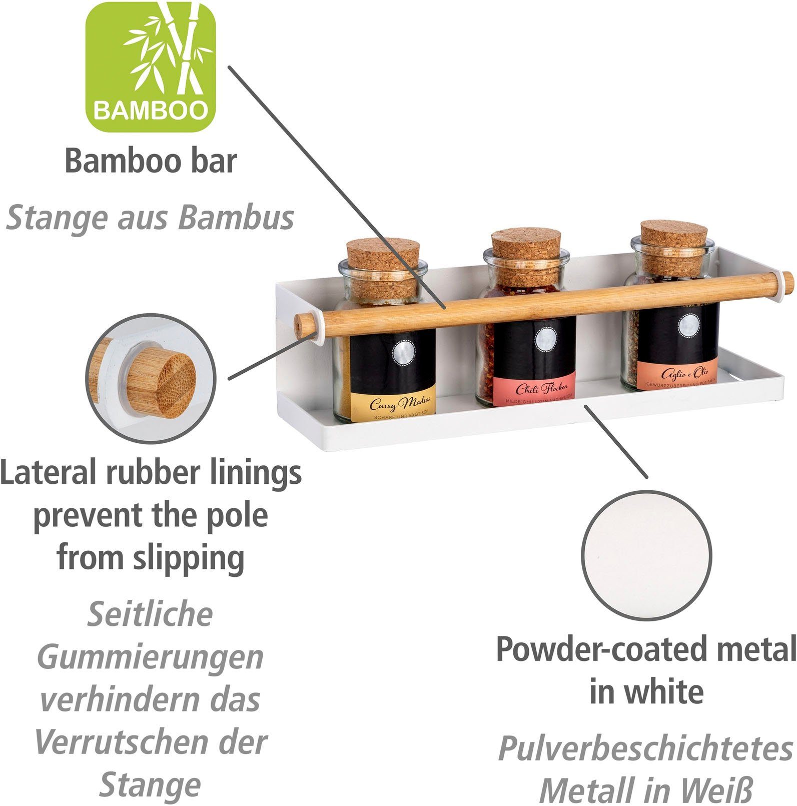 Gewürzregal Weiß, mit WENKO magnetischer Magna, Metall Rückseite, Braun 1-tlg.,