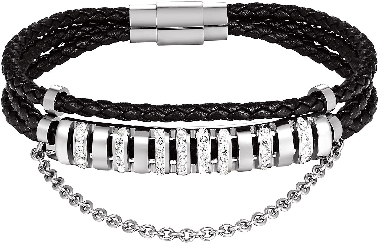 Karisma Lederarmband Karisma Damen Lederarmband 3 Fach gewickelt Edelstahl Zirkonia mit Kette Farbwahl WB-QD102 - Silber