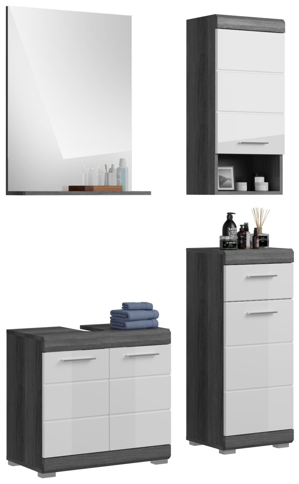 xonox.home Badmöbel-Set Badezimmer Badmöbel-Set SCOUT 4-tlg., mit weißer Hochglanzfront, (Komplett-Set, 4-St., Waschtisch, Hochschrank, Hängeschrank, Spiegelpaneel, Badstandschrank)