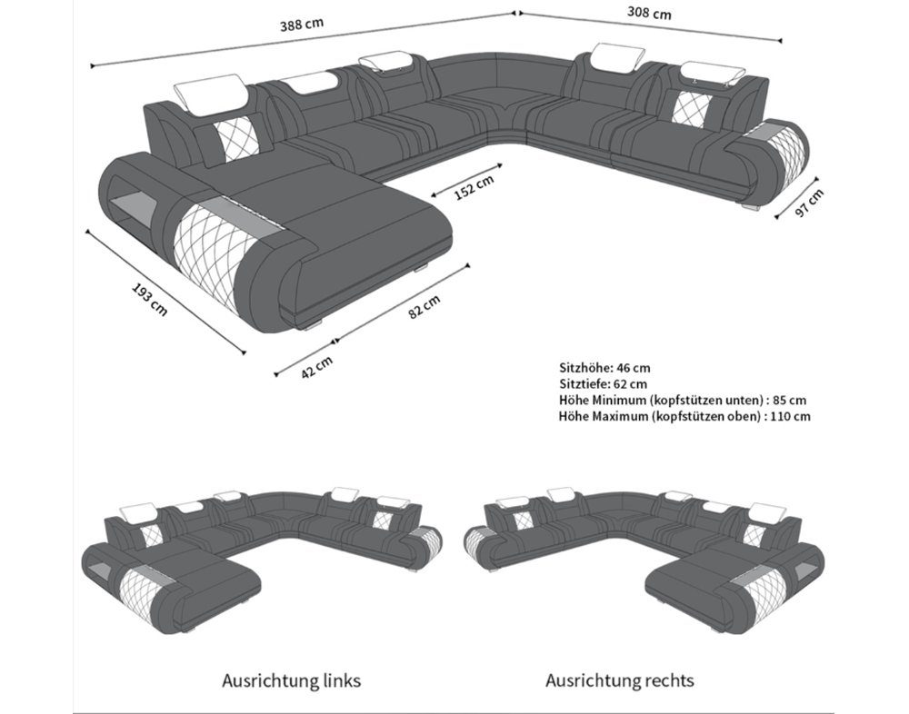 Sofa Dreams Wohnlandschaft Sofa Couch, Rimini Form mit wahlweise U XXL Designersofa mit Ledersofa, Ledercouch Schlafsofa, Bettfunktion als LED, Leder