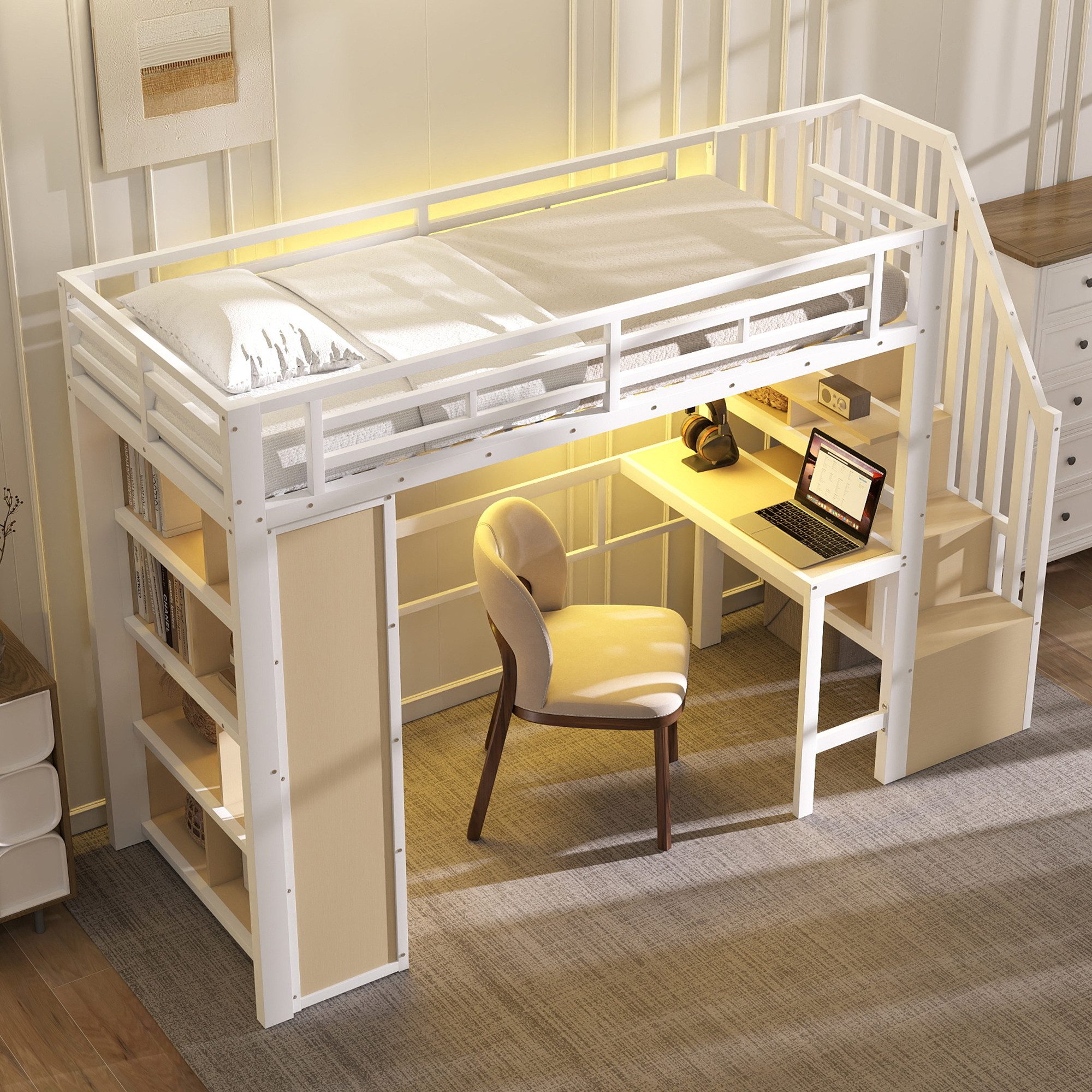 STILVORA Hochbett 90x200 mit schreibtisch Jugendbett mit Stauraum Metallbett LED-Licht (mit integriertem Schreibtisch, Ablagefach, LED-Lichtleiste und Treppenstauraum, 90x200 cm) ohne Matratze