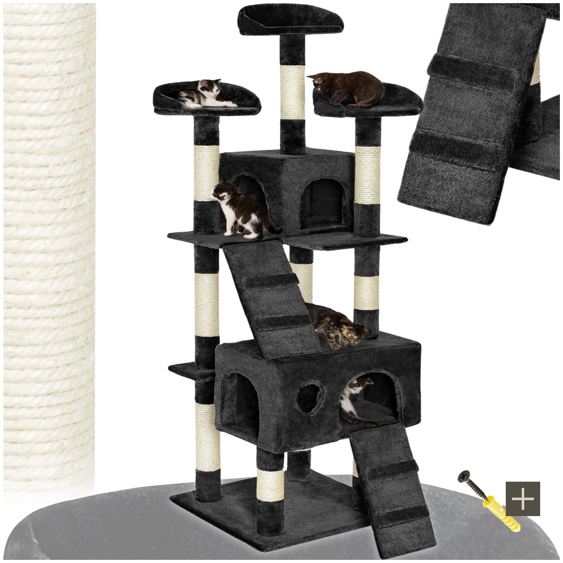 tectake Kratzbaum Katzenbaum Mogli 170 cm Diverse Farben (Schwarz), Vielseitig mit robusten Sisalstangen und Plüschoberfläche von TECTAKE