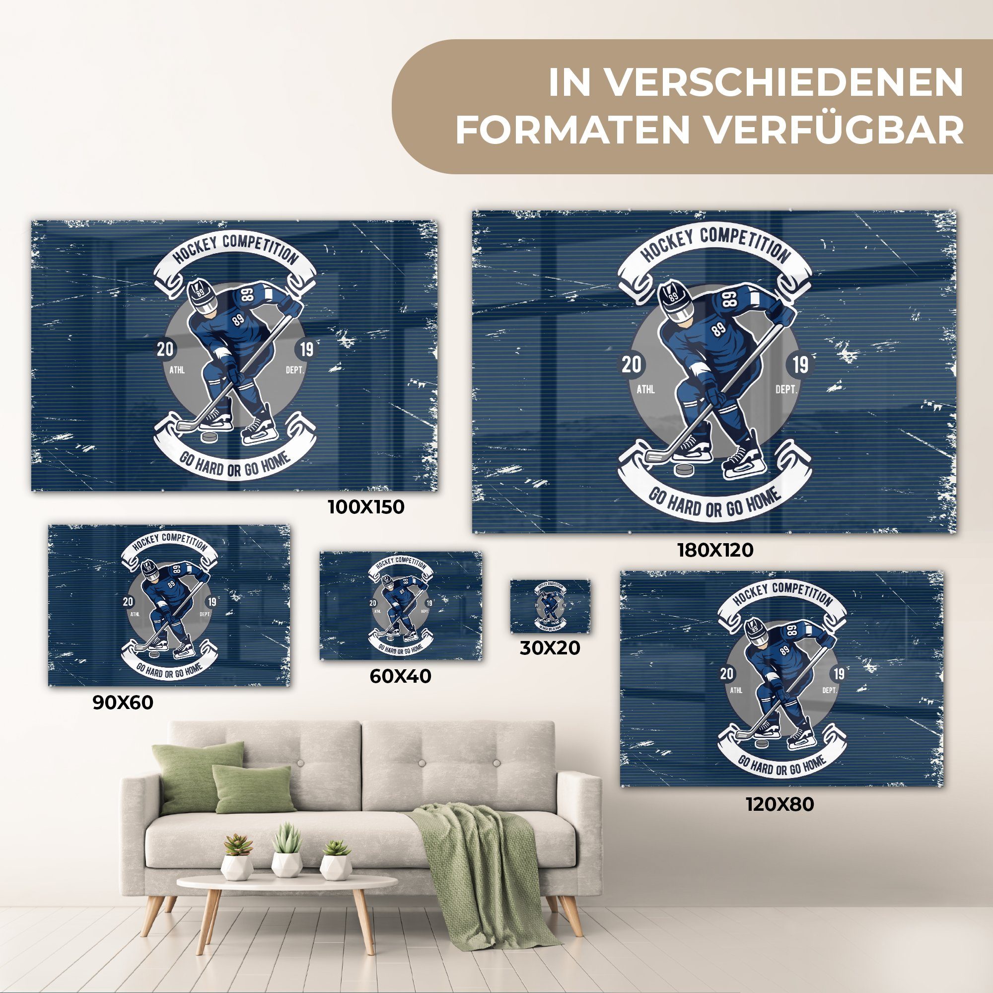 Zitat, Bilder - auf Glas Glasbilder Wandbild Glas MuchoWow - (1 auf Wanddekoration Foto - Retro Eishockey - - St), Acrylglasbild