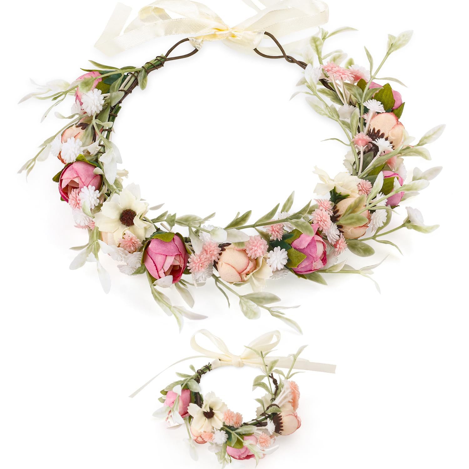 Oemmn Haarband Blumenkranz Haarreif mit Armband – Rosen Blumenkrone, 1-tlg., für Hochzeit, Festival, Braut, Party & Strand