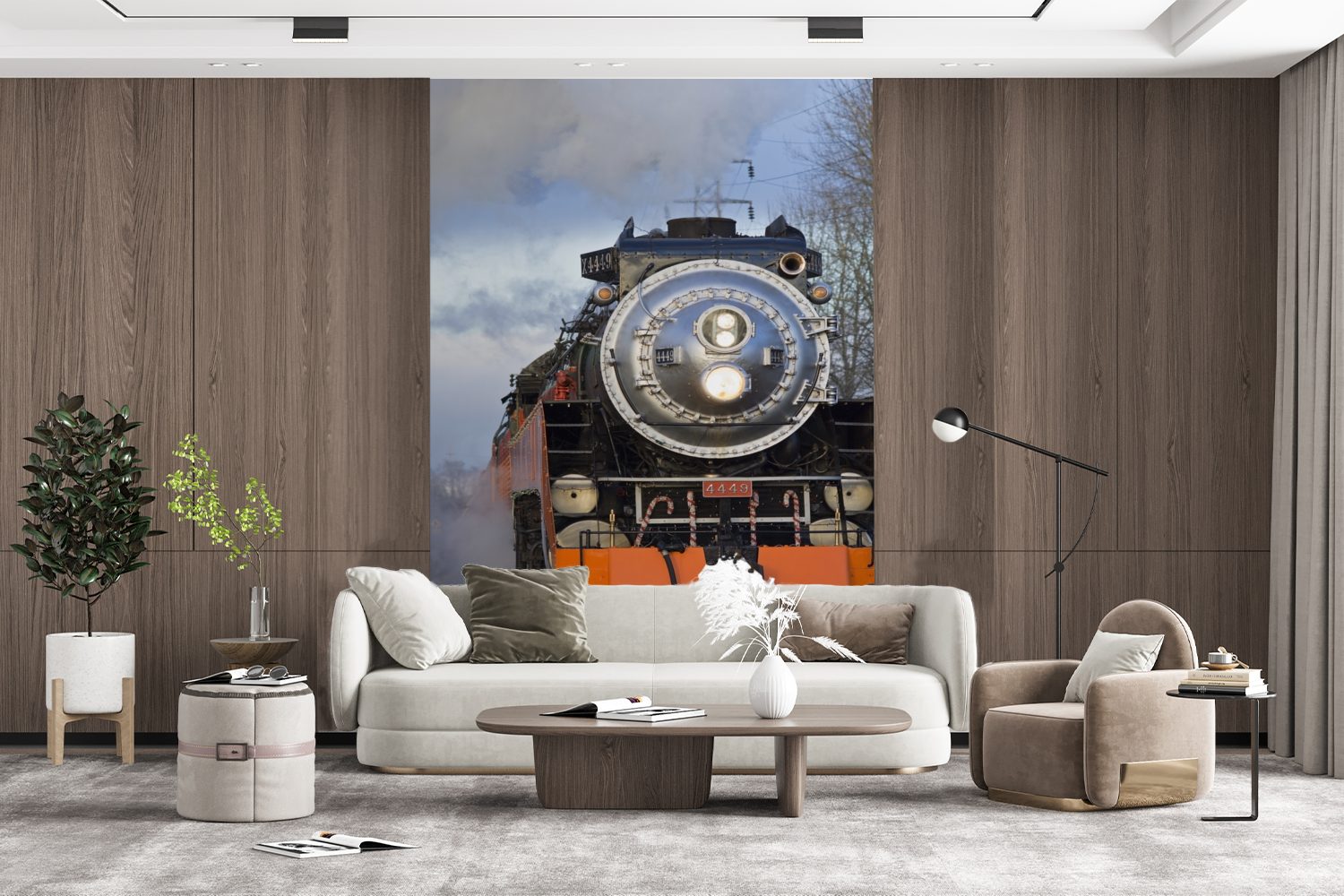 Wohnzimmer, bedruckt, Fototapete Matt, Tapete Montagefertig Wandtapete Vinyl Dampflokomotive, St), einer (3 Frontansicht MuchoWow für