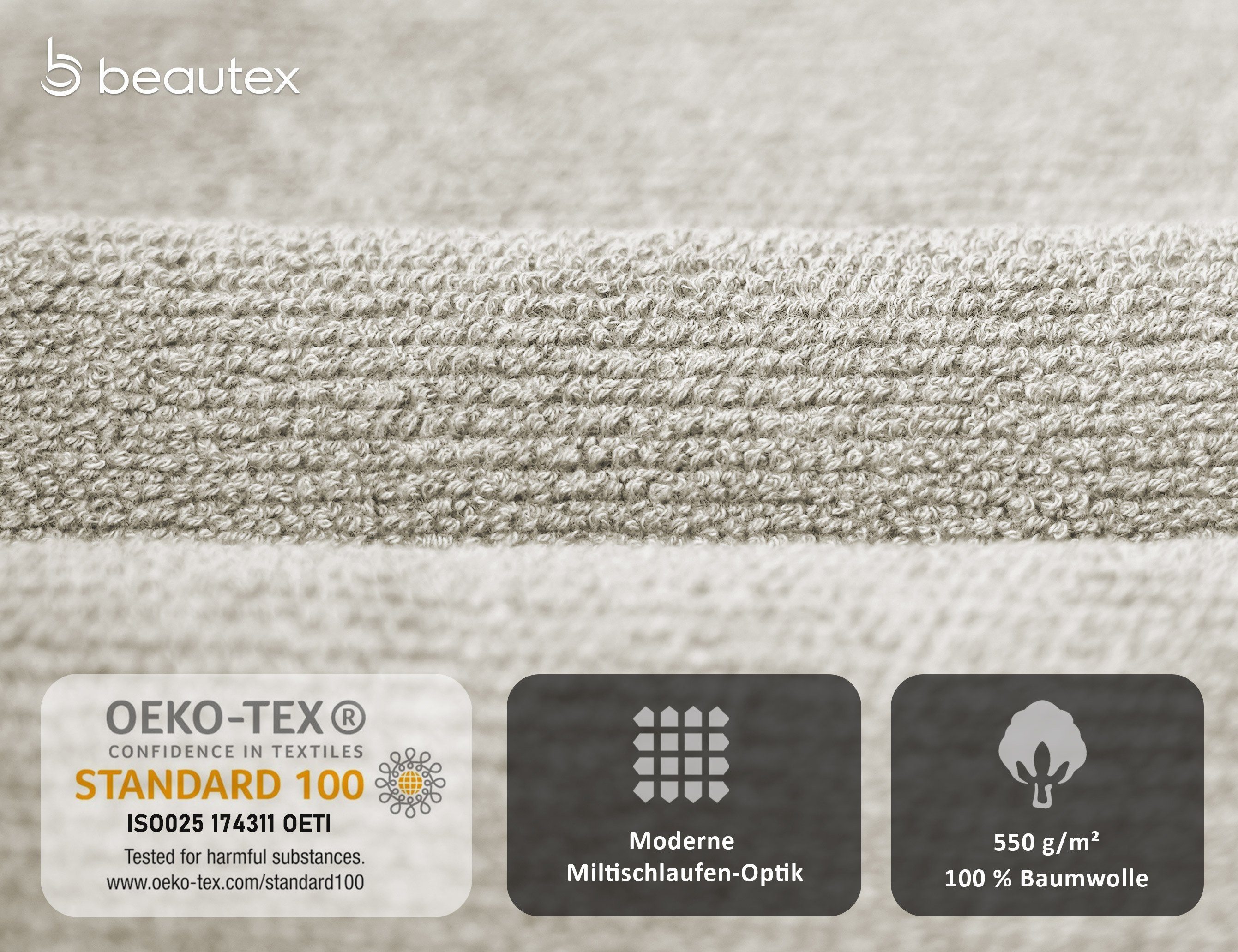 Sandgrau Frottier Set, Set in Handtuch 550g/m) Baumwolle Frottier, 100% Beautex (Multischlaufen-Optik, aus Premium Europe, Set Made Handtuch