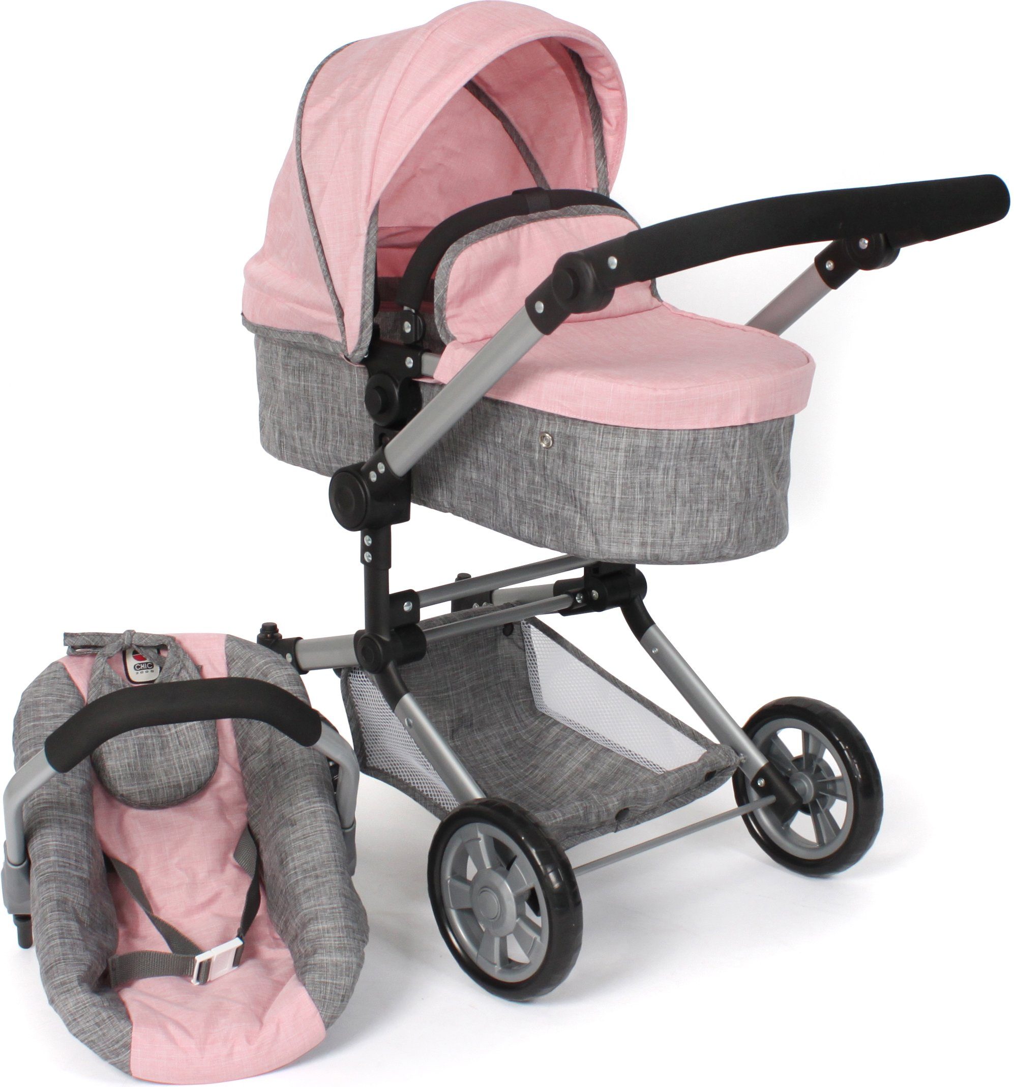 CHIC2000 Kombi-Puppenwagen Linus, Melange Grau-Rosa, (Set), mit Babywanne und Autositz