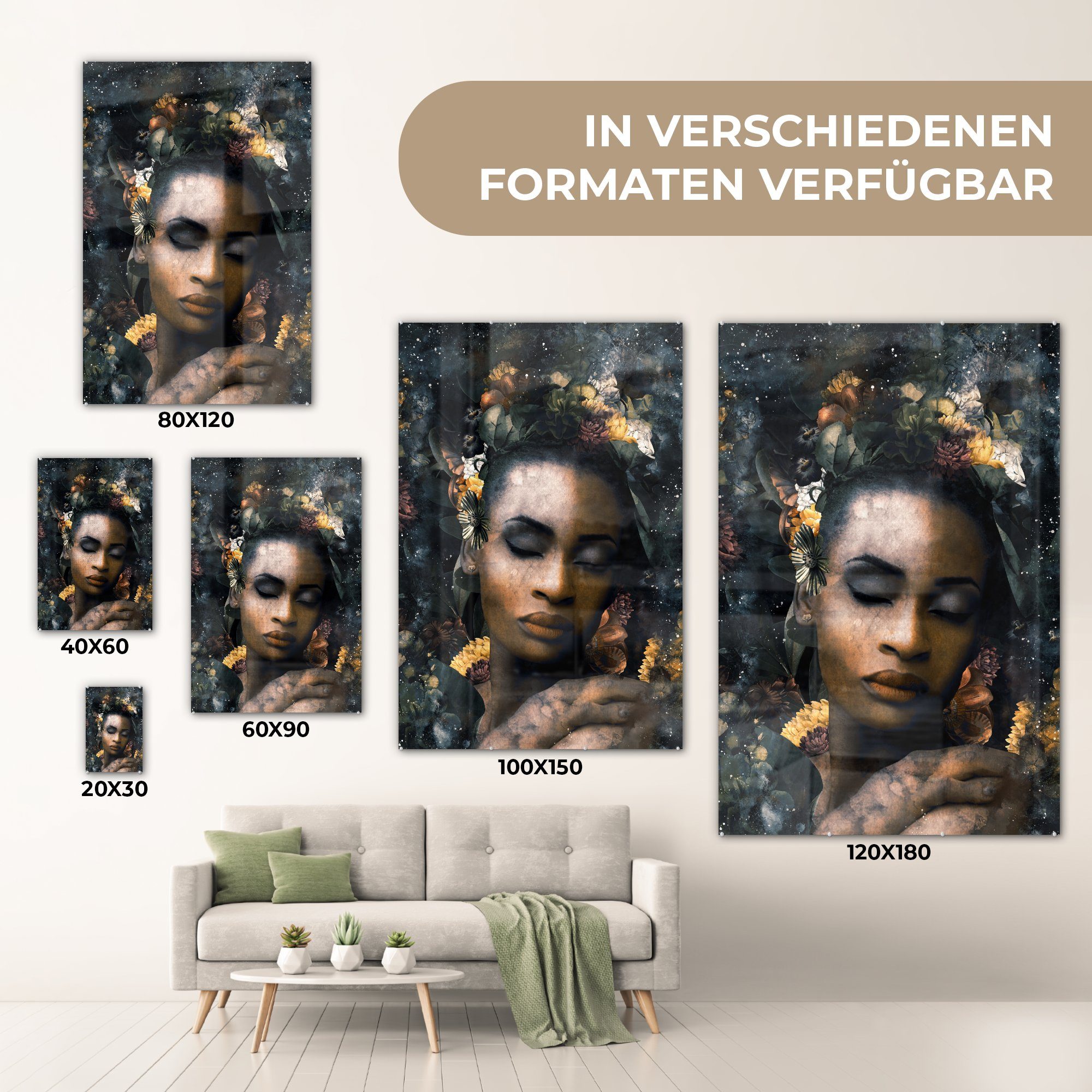 Bilder Foto Glasbilder Blumen Gold, Acrylglasbild - (1 MuchoWow Wandbild - St), auf - - auf Glas - Wanddekoration Glas Frau