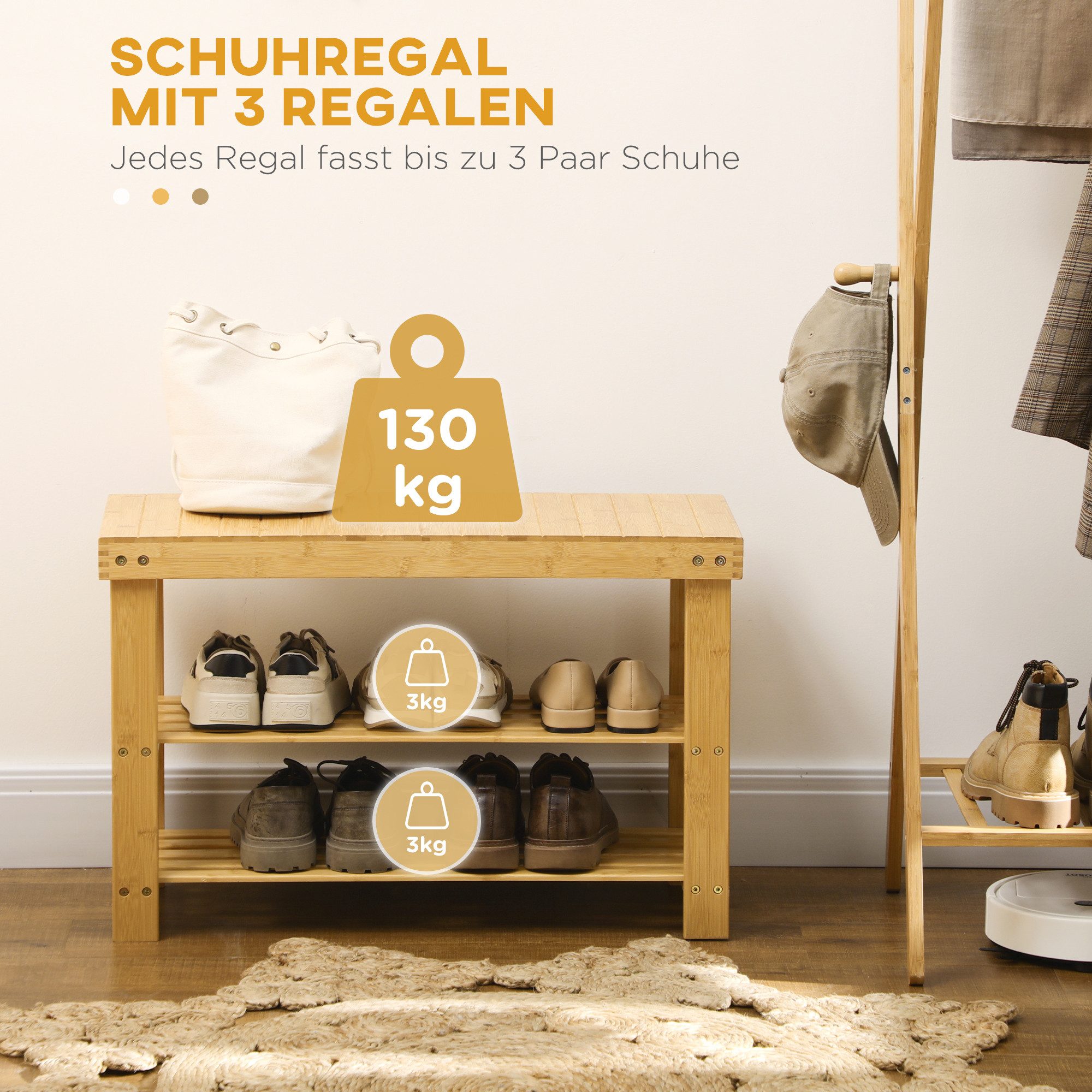 OKWISH Schuhbank Regal aus Bambus 70x28x45 cm mit 3 Etagen für 6 Paar Schuhe (Packung, 1-St., Garderobenbank & Schuhregal in natürlicher Holzoptik), Praktische Aufbewahrungslösung für Flur, Eingang & Schlafzimmer