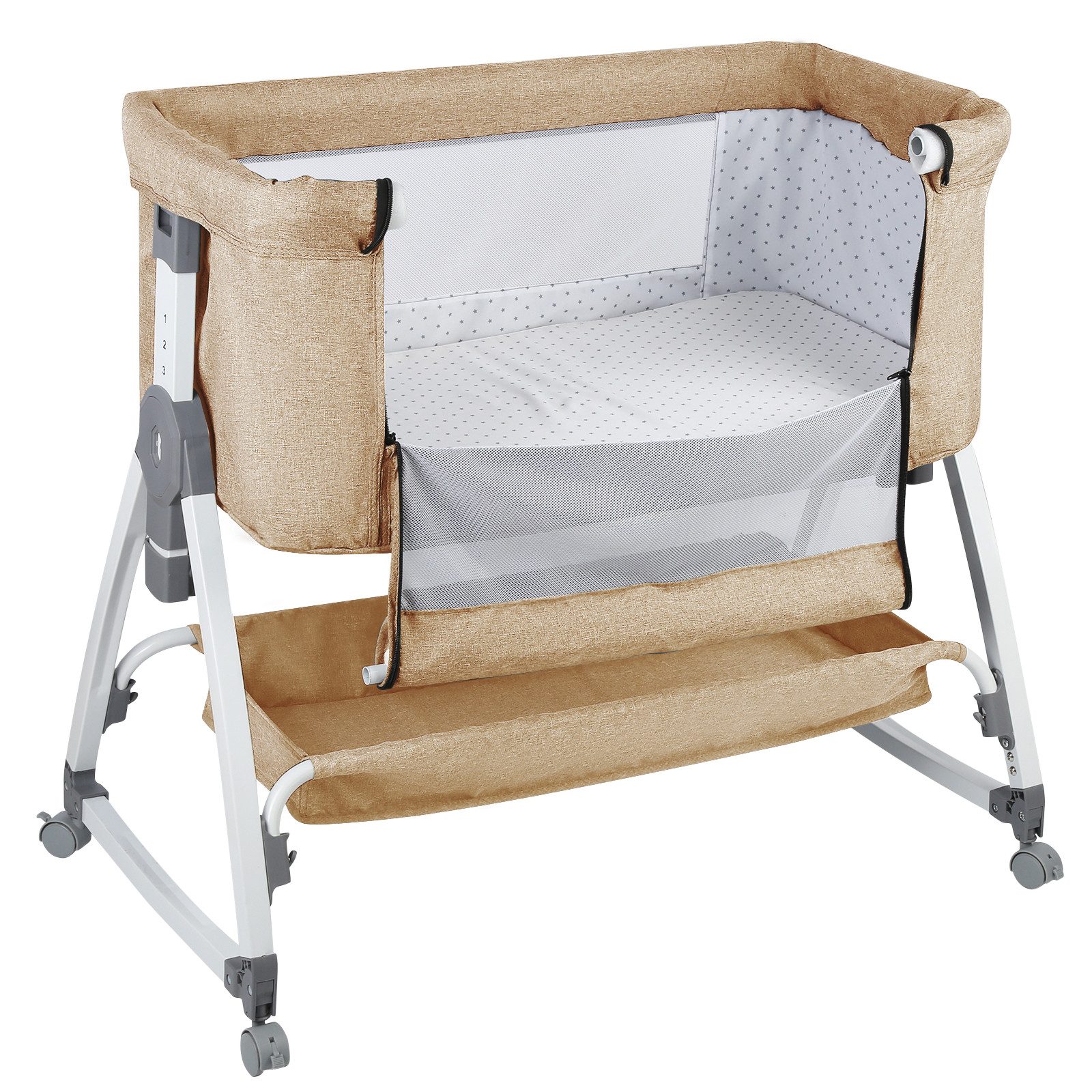 JEOBEST Beistellbett 3 in 1 Babybett, Schaukelmodus, mit atmungsaktivem Netz und Laken, mit Rollen Kinderbett, 6-Fach Höhenverstellung, Moskitonetz, Lagerung – Bild 2 von 5