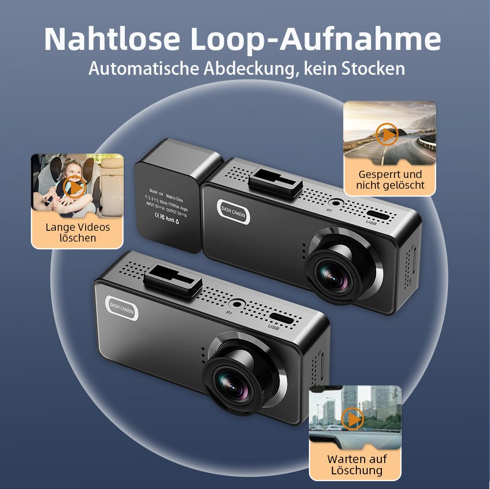 Tekoo Dashcam 3 Kanäle 2K mit WLAN App, 24h Parküberwachung, 3,16 Zoll Dashcam (2K Quad HD (1440p), WLAN (2.4GHz), inkl. Rückkamera, Kfz-Ladekabel, Saugnapfhalterung, Klebepad, 360° drehbare Innenlinse, WLAN-App, WDR Nachtsicht, USB-C, IPS)