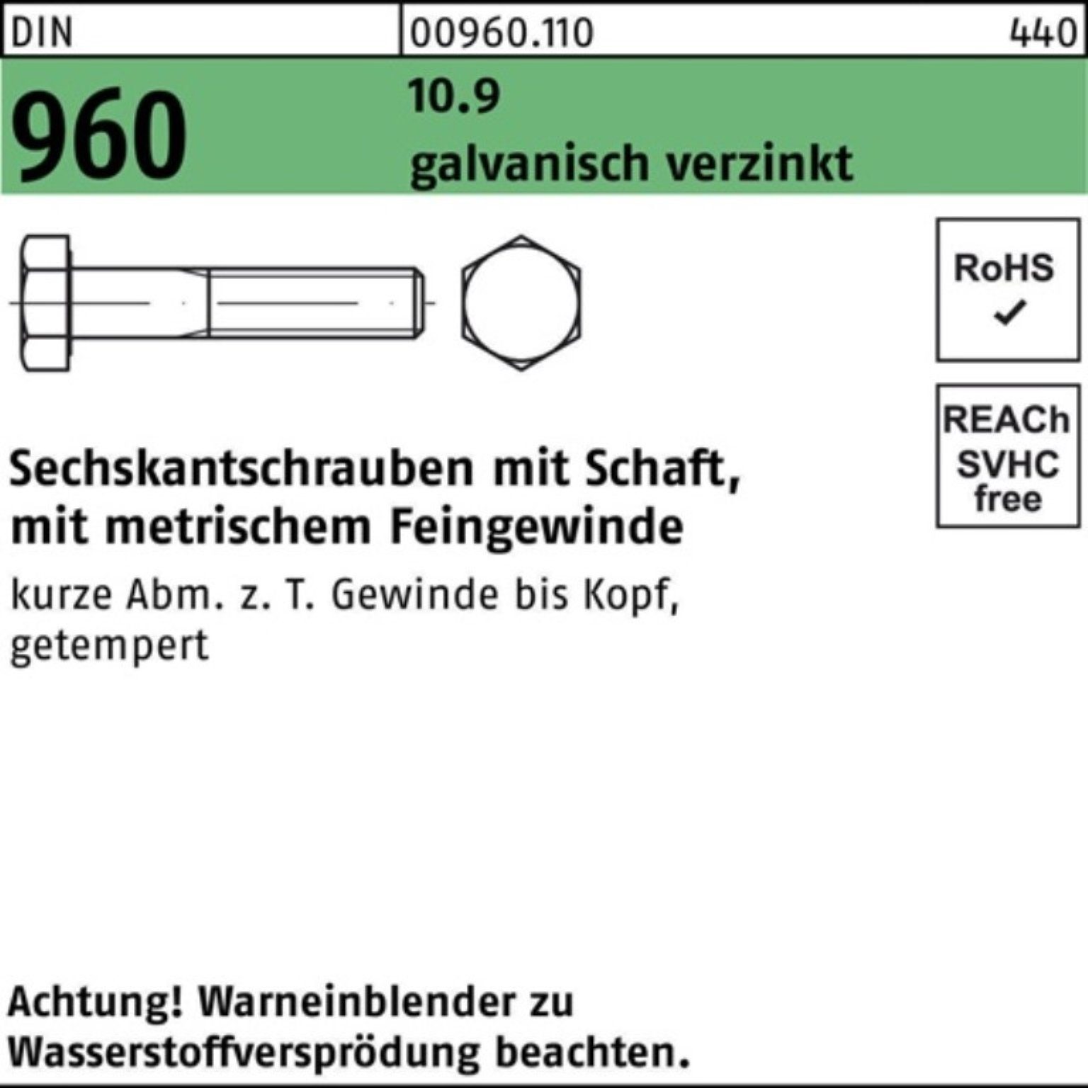 Reyher Sechskantschraube 100er Pack Sechskantschraube DIN 960 Schaft M12x1,5x 65 10.9 galv.verz