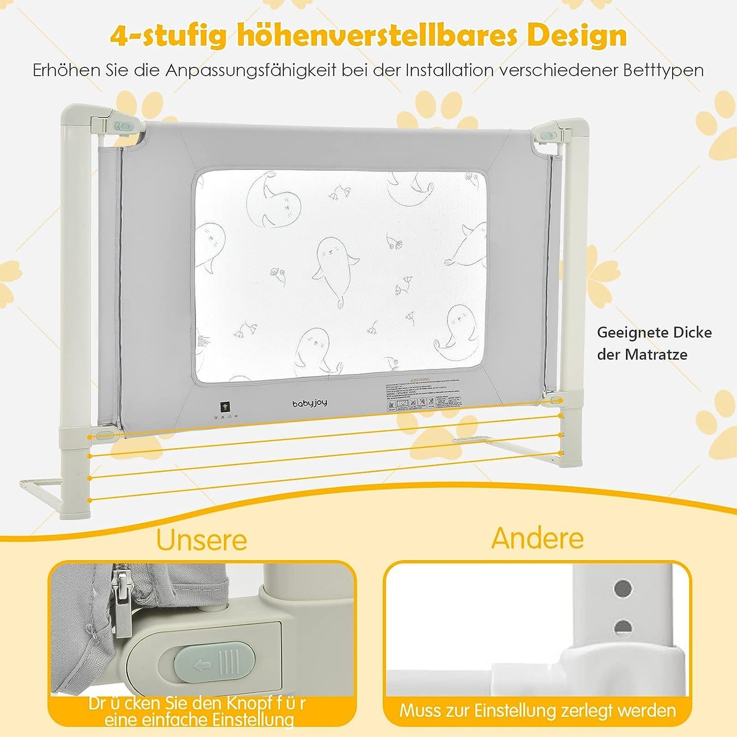 mit Kinderbettgitter, KOMFOTTEU Doppel-Sicherheitsschloss, 200cm Bettschutzgitter