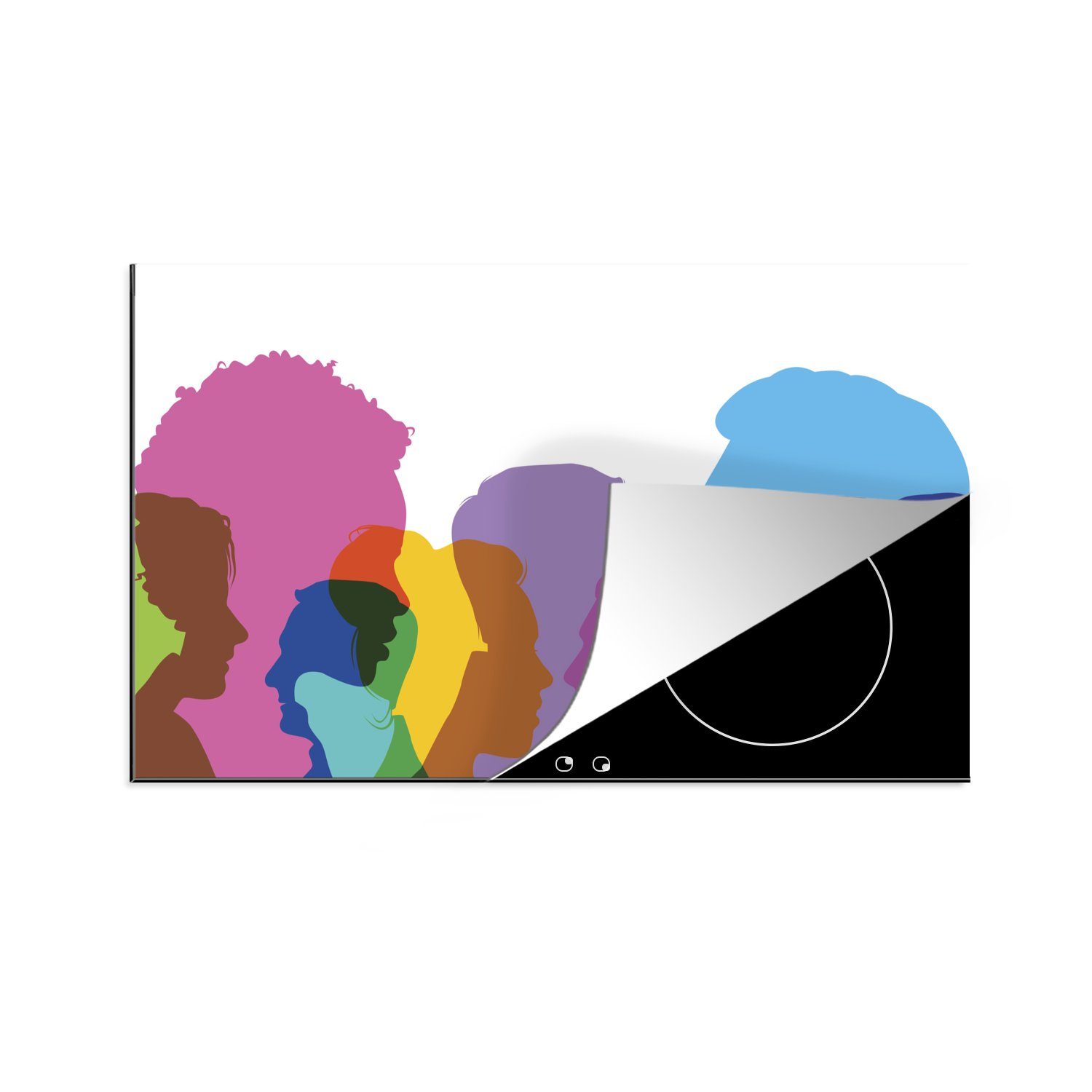 MuchoWow Herdblende-/Abdeckplatte Illustration einer Familie in Farbe, Vinyl, (1 tlg), 83x51 cm, Ceranfeldabdeckung, Arbeitsplatte für küche