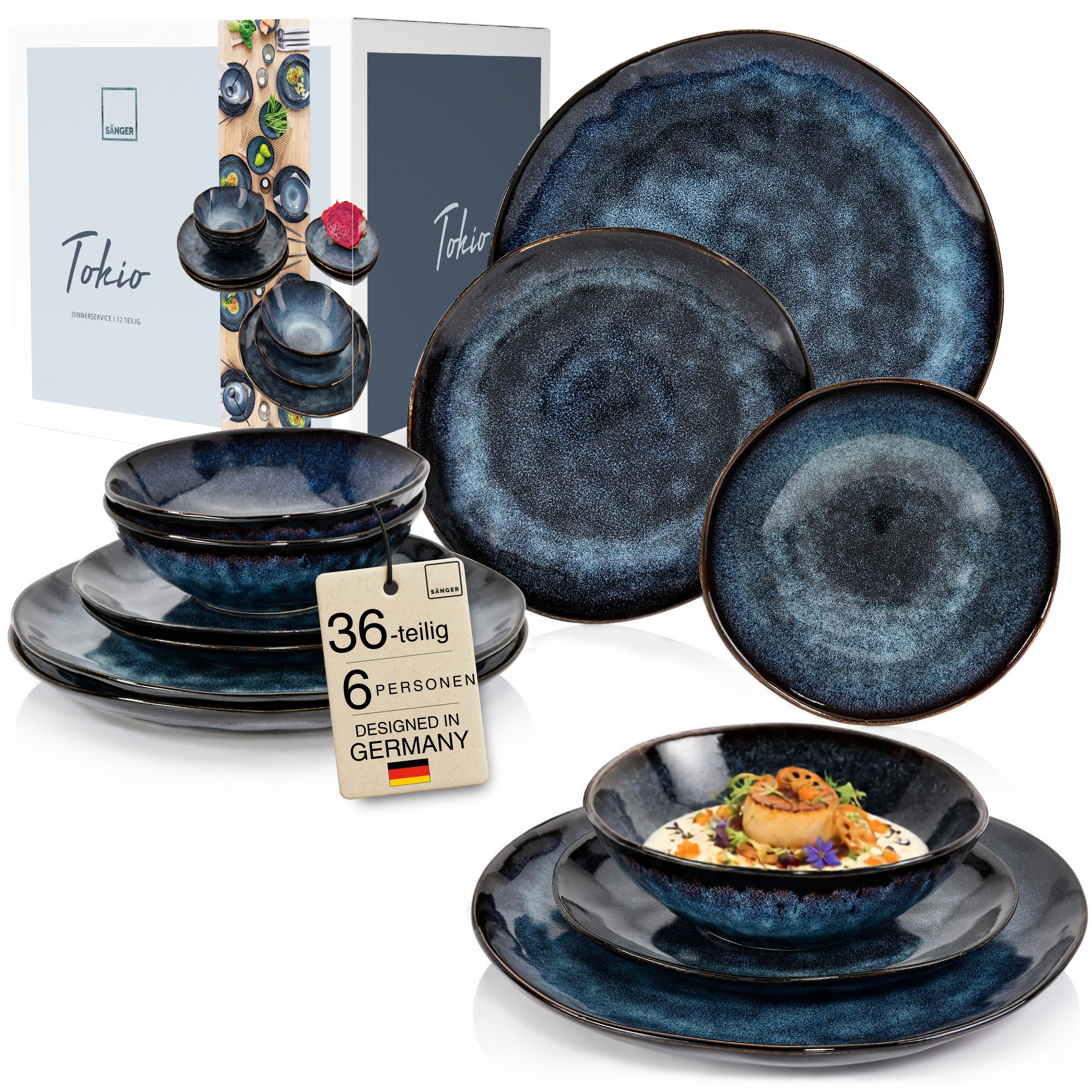SÄNGER Tafelservice Tokio Geschirrset (36-tlg), 12 Personen, Steingut, Blau Schwarz, Handmade, Premium Collection