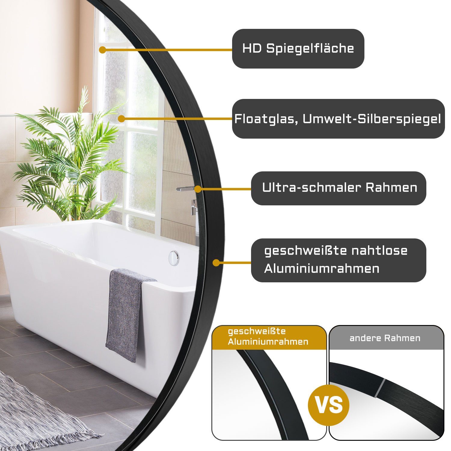 duschspa Wandspiegel Badspiegel mit Rahmen Spiegel HD, Schwarz 40-80 cm – Bild 4 von 5