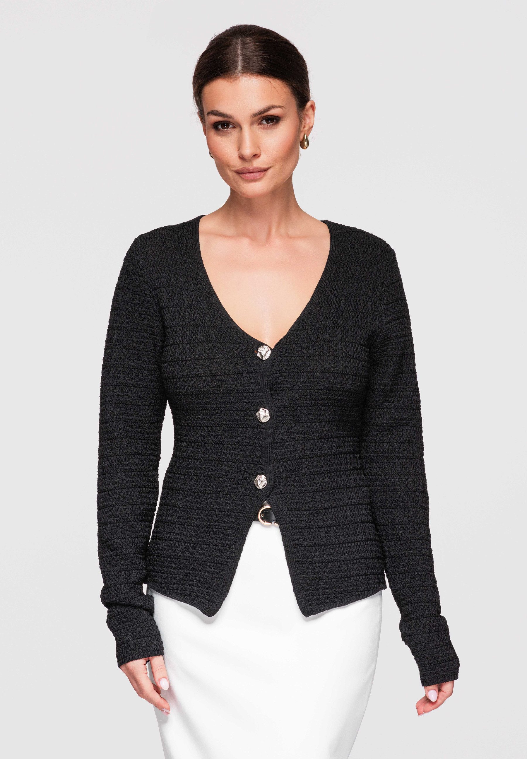 OMBRE V-Ausschnitt-Pullover Damen Strickjacke Figurbetont V-Ausschnitt Elegant Schwarz L/XL (kein Set, 1-tlg) Figurbetonter Schnitt, modellierende Passform
