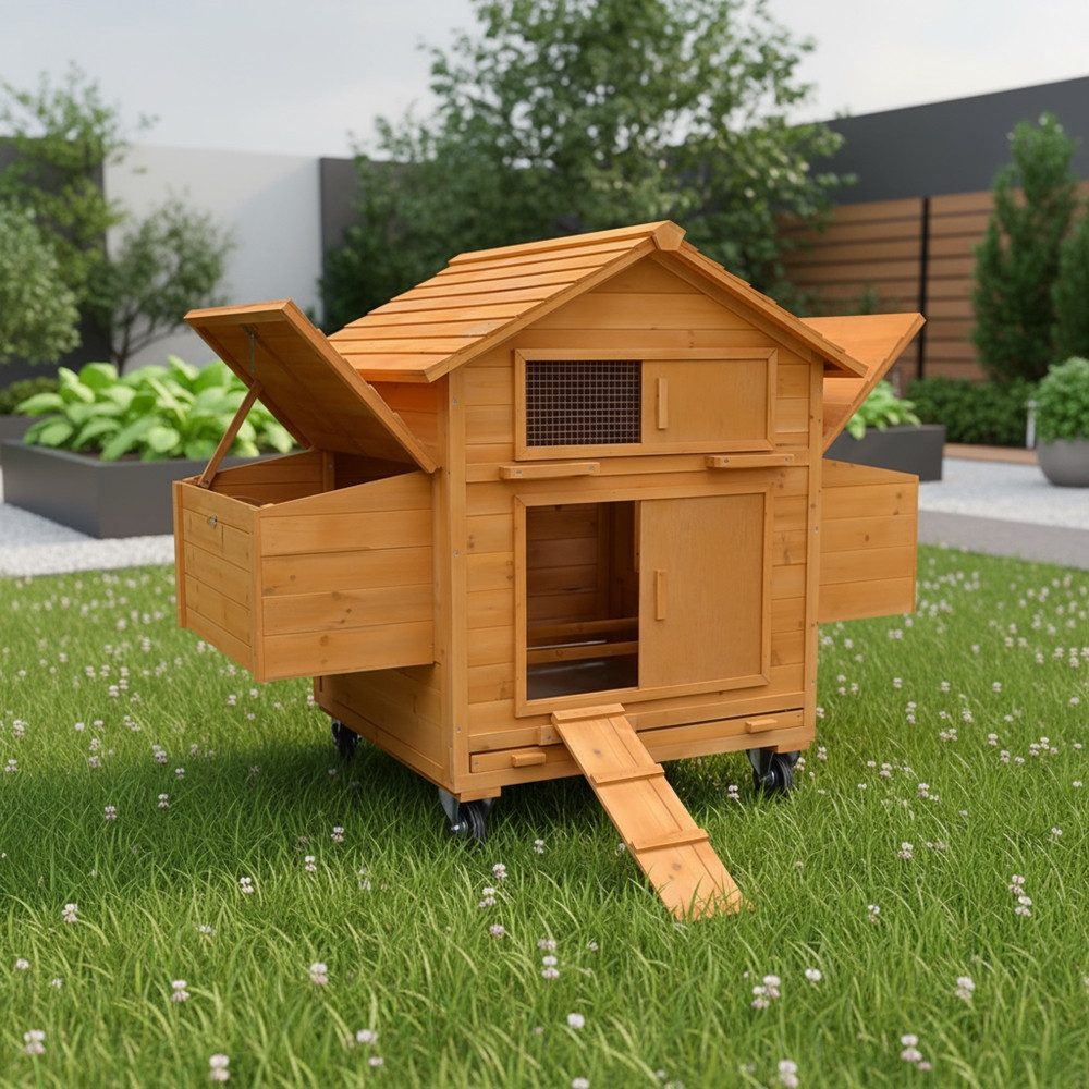 Melko Hühnerstall Rollbarer Hühnerstall inkl. 2 Nestboxen in Braun aus Holz Hühnerhaus, Schützt vor Bodennässe und Kälte