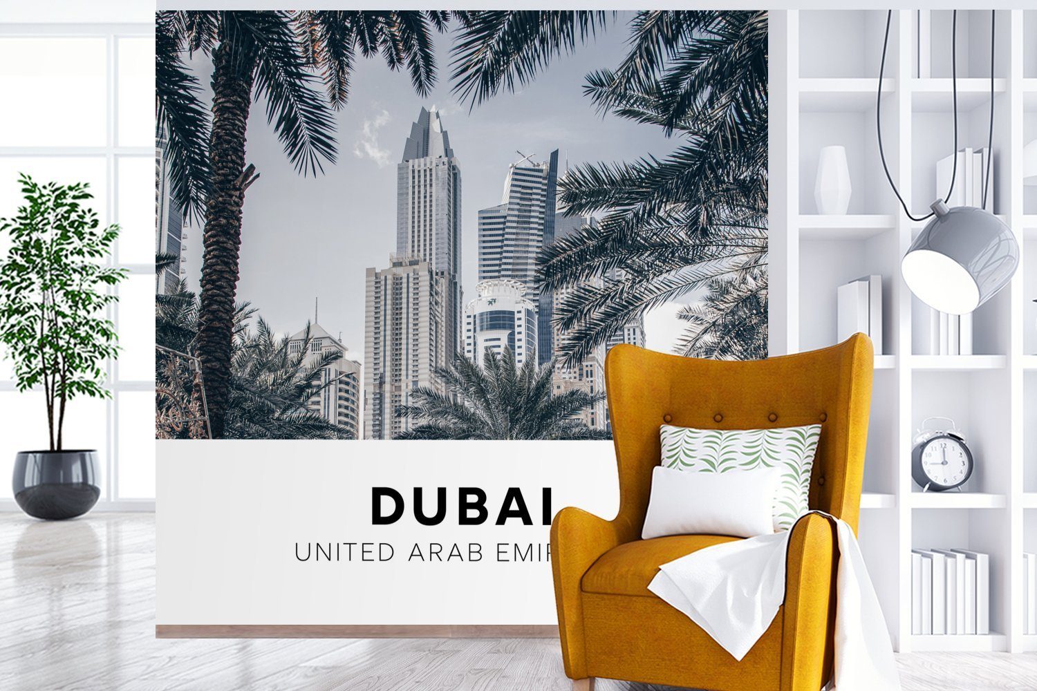 Dubai Tapete Schlafzimmer, Fototapete für bedruckt, - oder Wandtapete St), Wolkenkratzer, - (5 Matt, Wohnzimmer MuchoWow Palme Vinyl