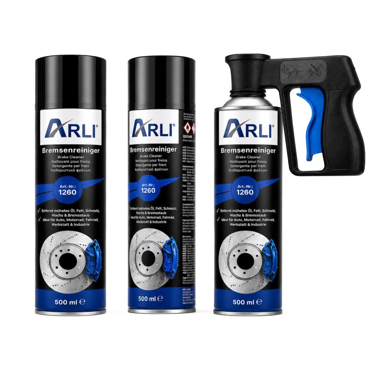 ARLI Bremsreiniger Spray Bremsen mit Sprühpistole Bremsenreiniger (Spar-Set, [3-St. 3er Set 500 ml Kupplungsreiniger 360° Aerosol Reiniger)