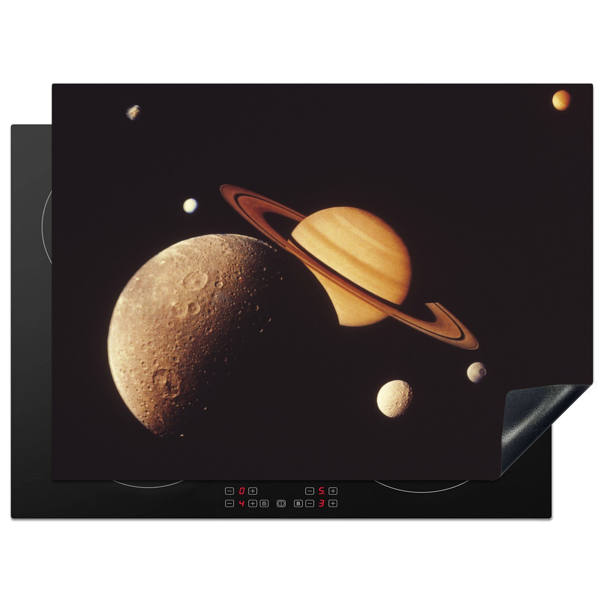 MuchoWow Herdblende-/Abdeckplatte Saturn mit Monden, Vinyl, (1 tlg), 71x52 cm, Induktionskochfeld Schutz für die küche, Ceranfeldabdeckung