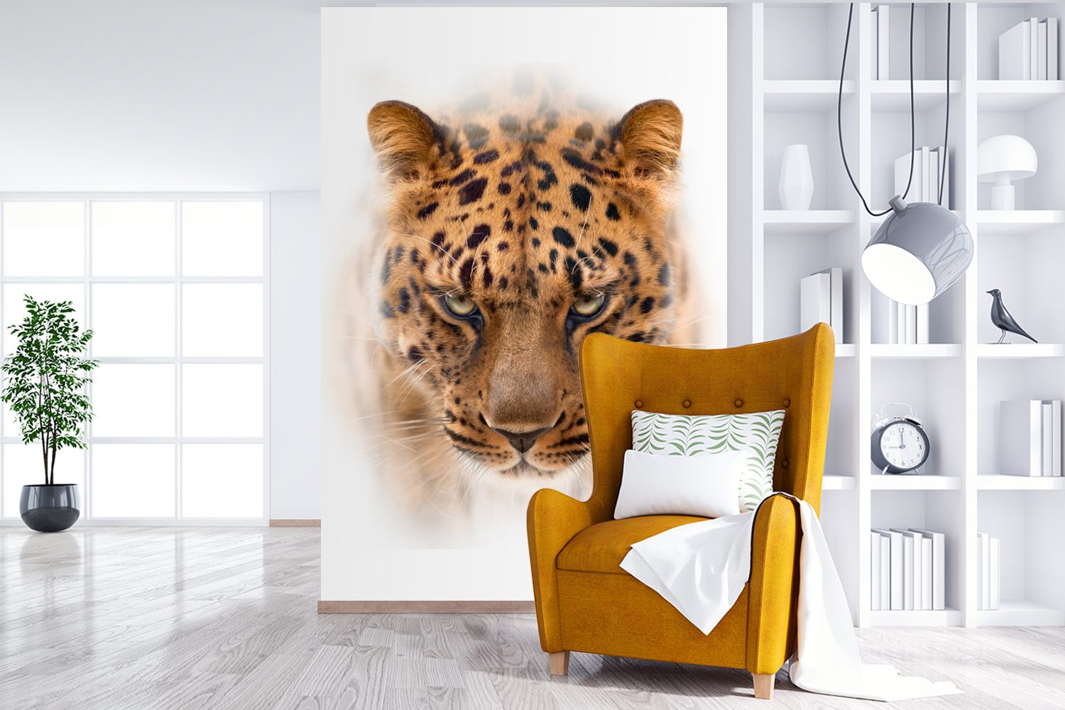 für Montagefertig (3 St), Fototapete Wandtapete Kopf - Leopard Matt, - MuchoWow Weiß, Wohnzimmer, bedruckt, Vinyl Tapete