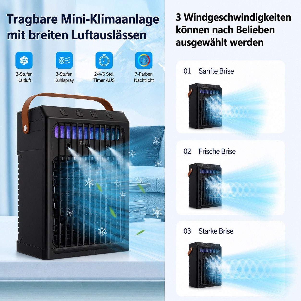 MOPUEA Ventilatorkombigerät Ventilatorkombigerät Luftkühler/Befeuchter/Ventilator Smart 4-in-1, 3 Geschwindigkeiten 7 Farben Nachtlicht Für Schlafzimmer Büro Zimmer