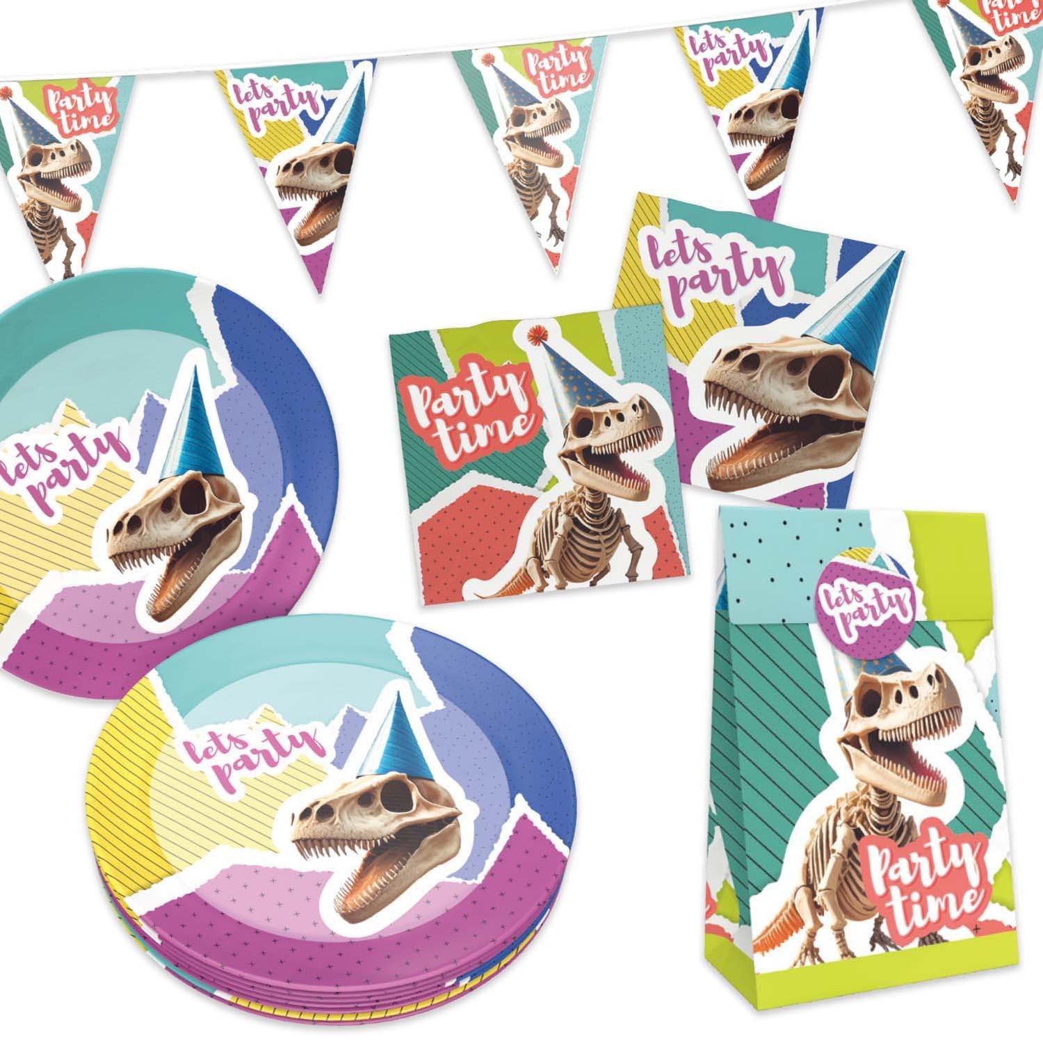Party Factory Geschirr-Set Halloween Dino Skelett Party-Set 77-tlg Geschirr Wimpelkette Tüte, 16 Personen, Papier, schaurig, spaßig und unkompliziert