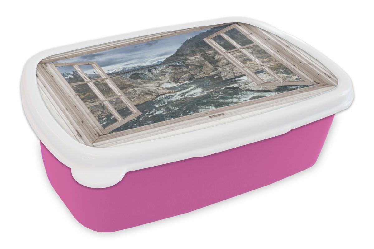 Brotbox Snackbox, Brücke Lunchbox (2-tlg), Wasser, - Kunststoff Brotdose rosa - Kinder, für Aussicht Mädchen, Erwachsene, Kunststoff, MuchoWow