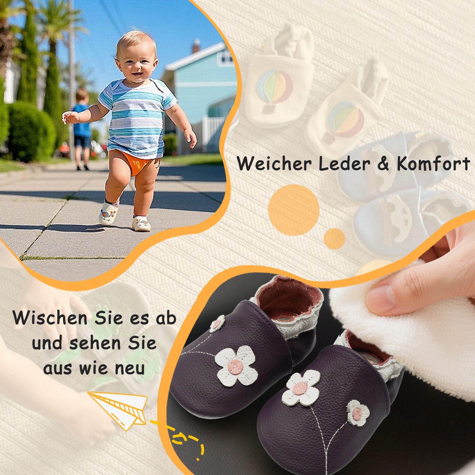 Yalion Weiche Leder Lauflernschuhe Hausschuhe Lederpuschen 2-Blumen Lila Krabbelschuh